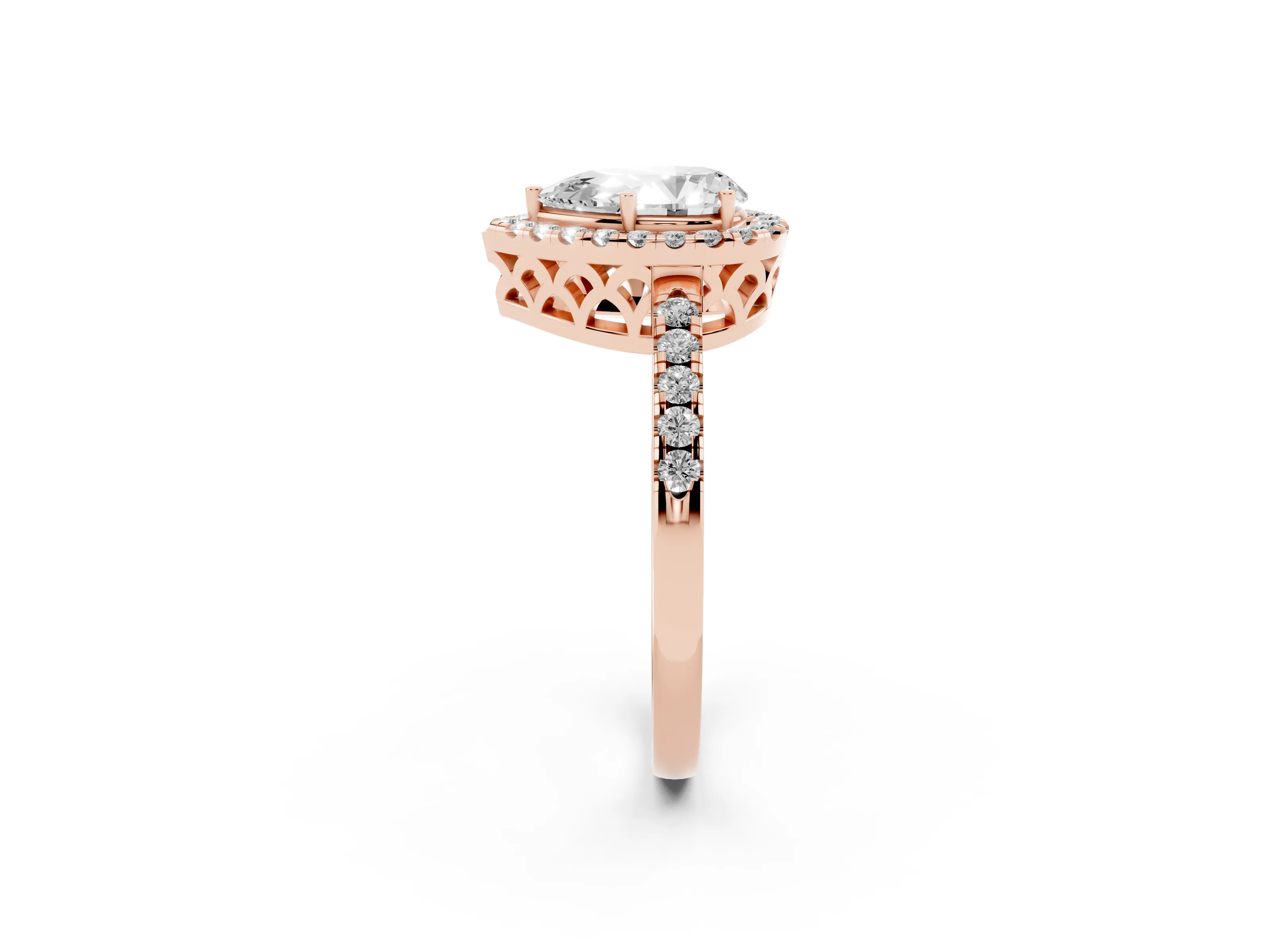 Pear Cut Diamond Pavé Band Halo Engagement Ring Set in Rose gold with Prong Setting