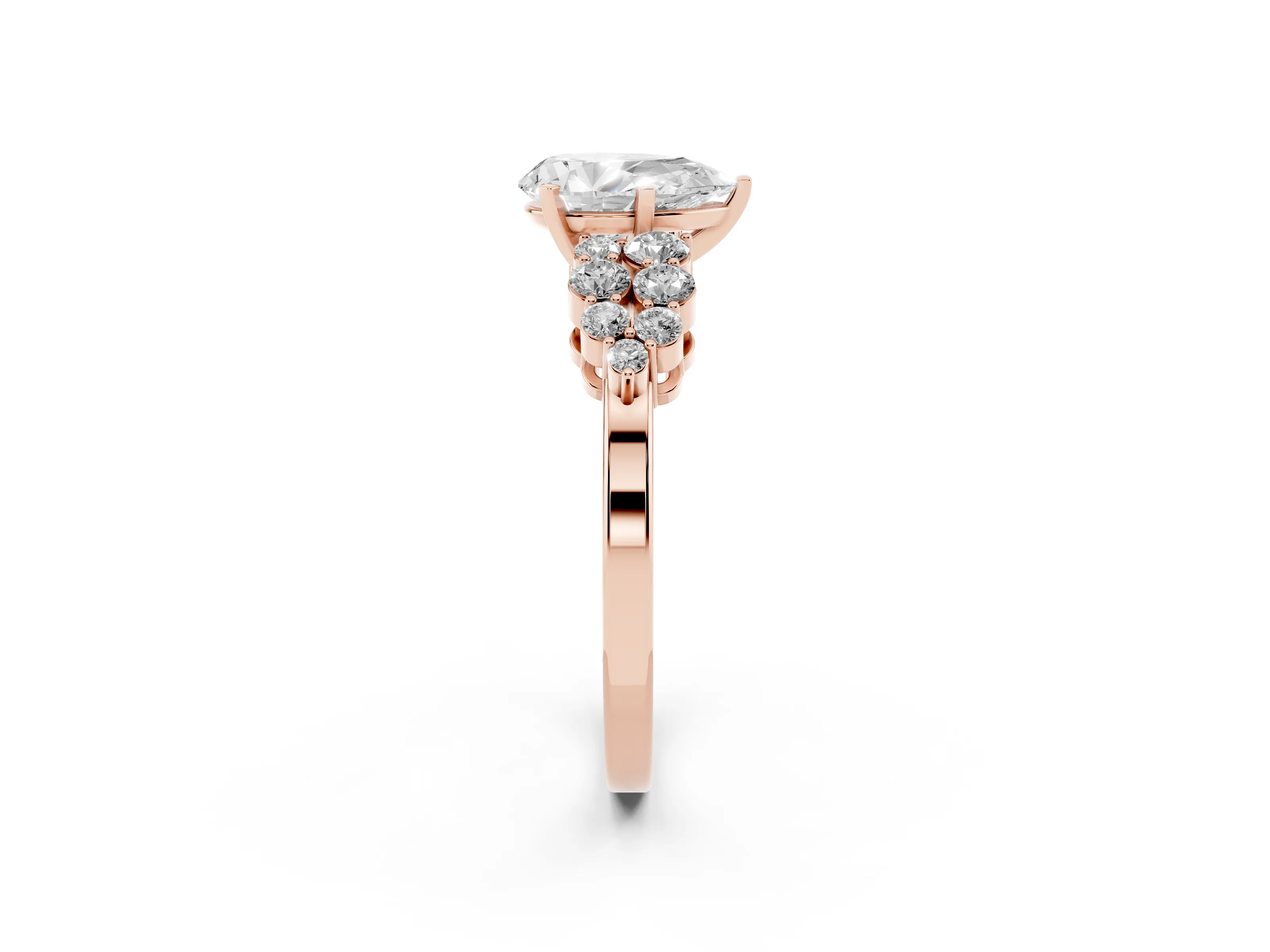 Pear Cut Diamond Cluster Engagement Ring Set in Rose gold with Pavé Band and Prong Setting