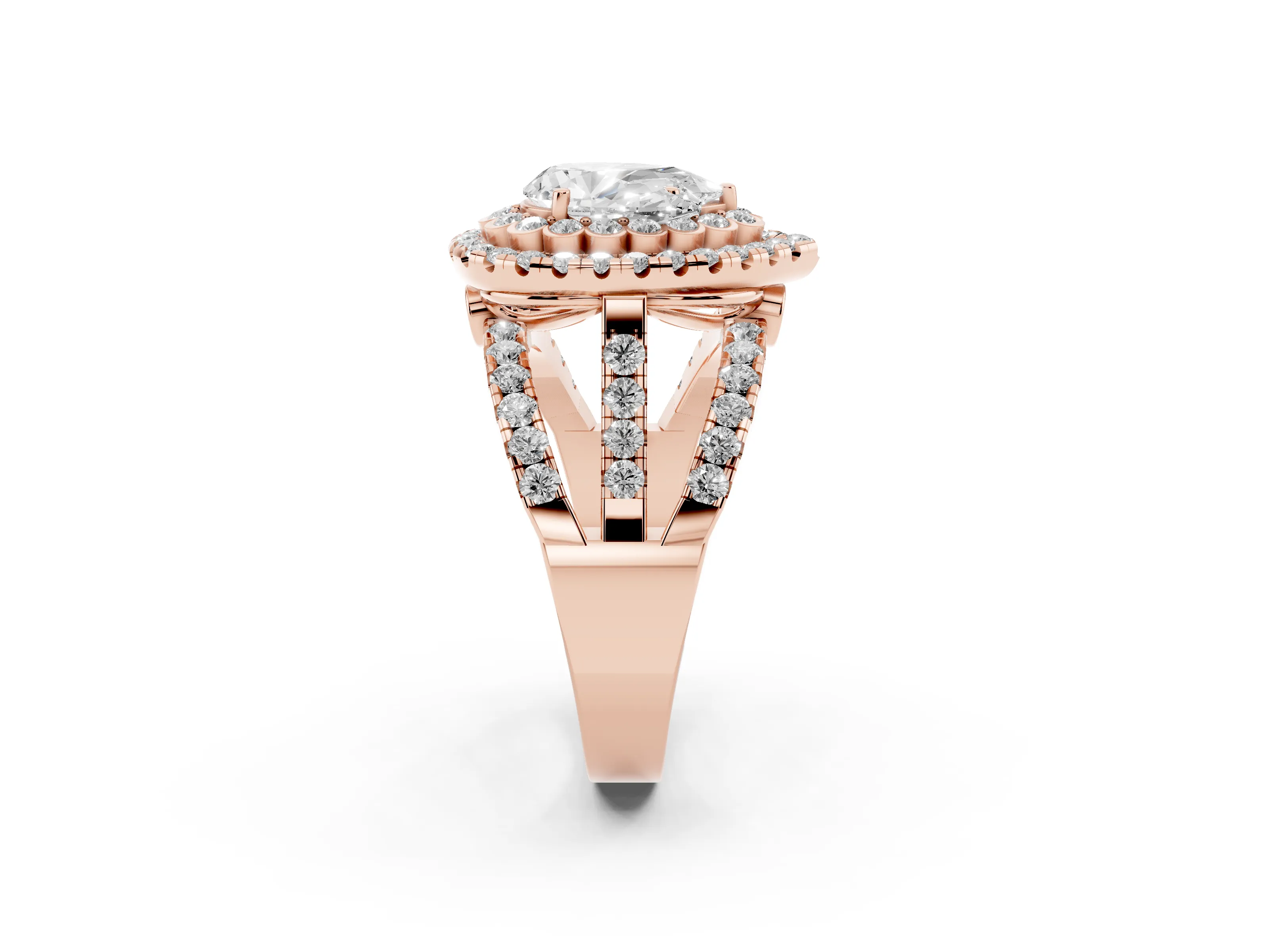 Pear Cut Diamond Double Halo Ring Set in Rose gold with Round Pavé Split Shank