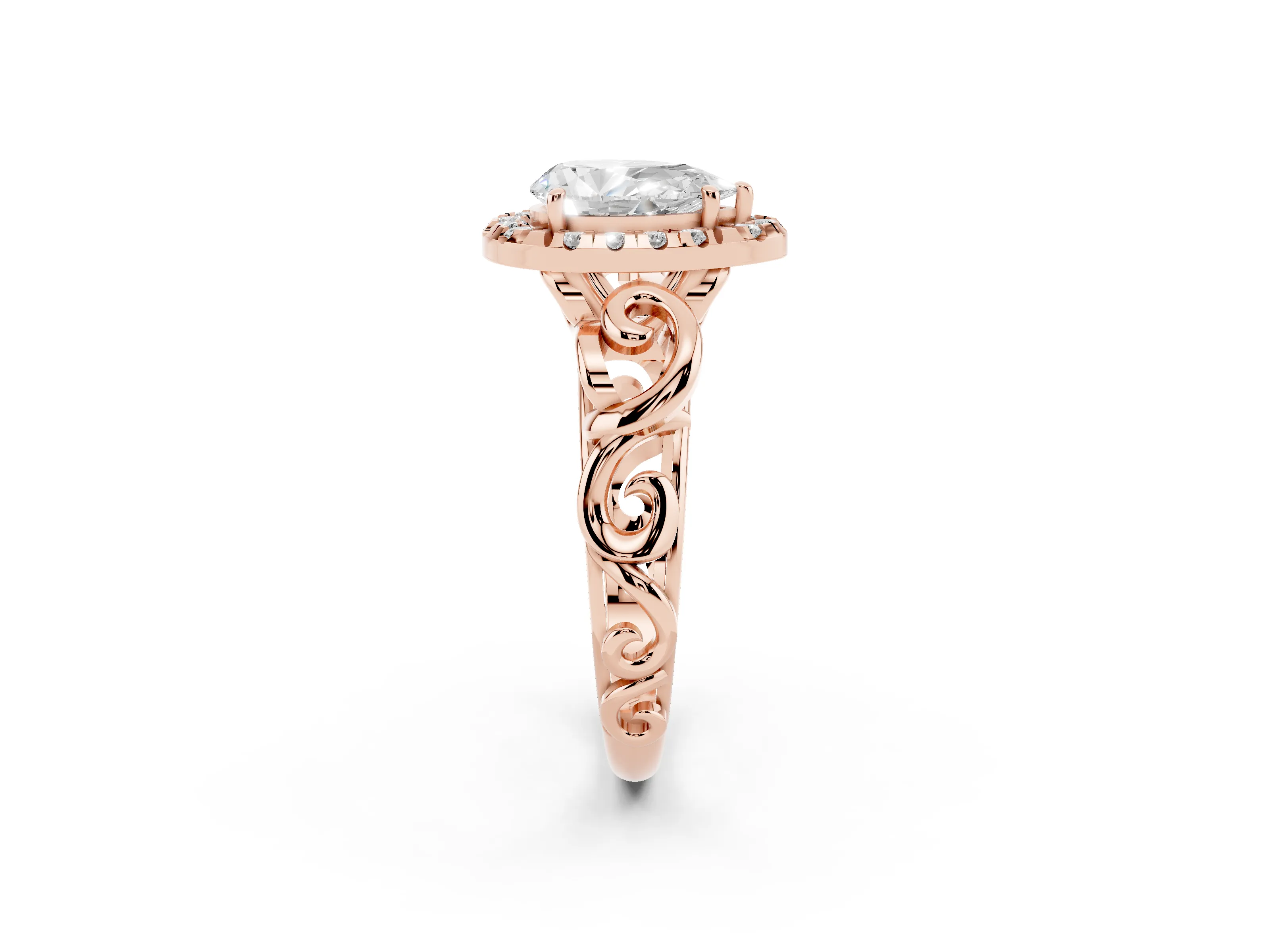 Pear Cut Diamond Halo Ring Set in Rose gold with Scrollwork Band and Prong Setting
