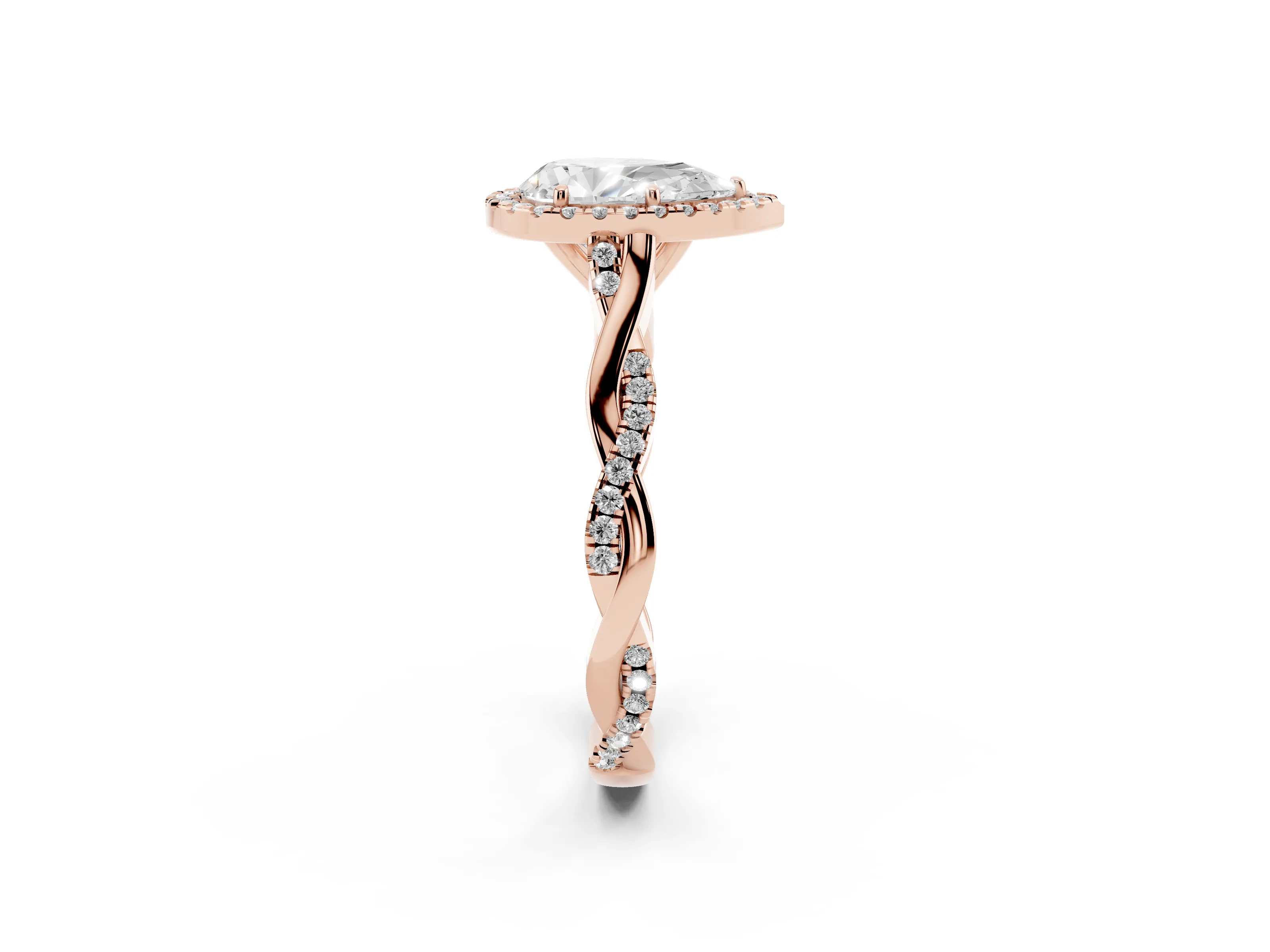 Pear Cut Diamond Halo Twist Band Solitaire Ring Set in Rose gold with Prong Setting