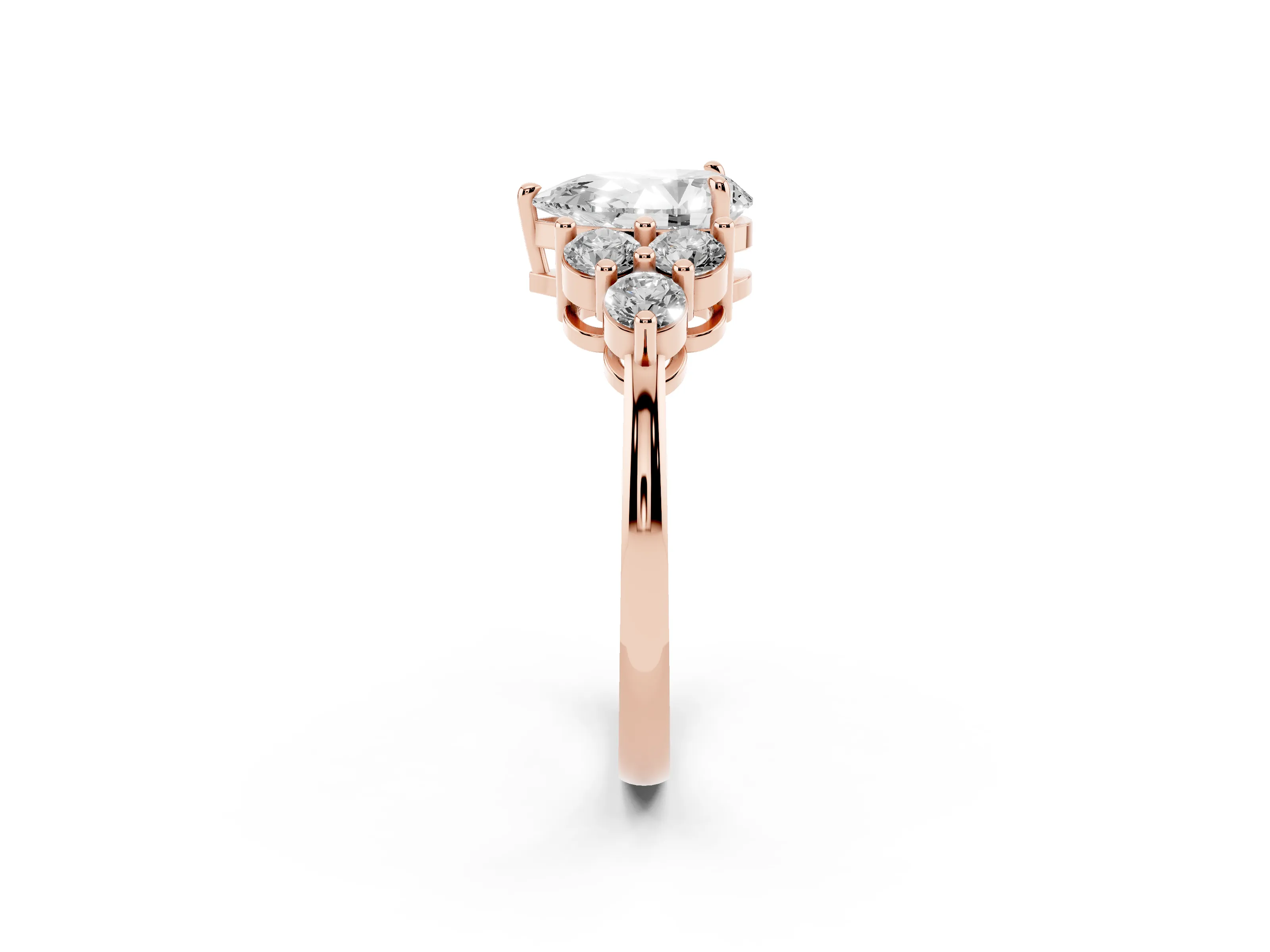 Pear Cut Diamond Solitaire Ring Set in Rose gold with Cluster Accents on Each Side