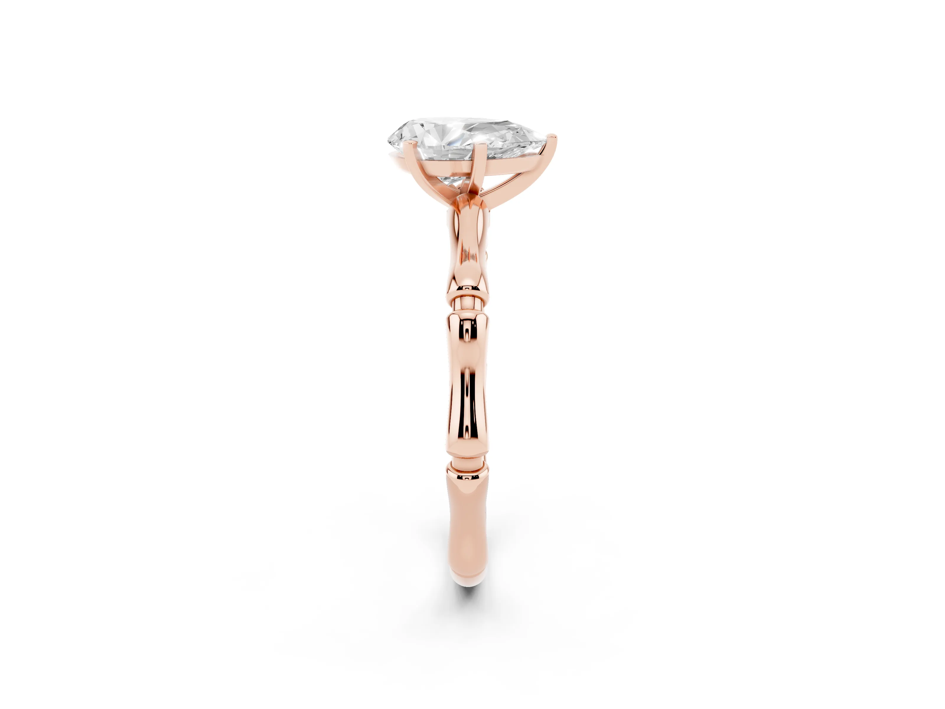 Pear Cut Diamond Solitaire Ring Set in Rose gold with Bamboo Band and Prong Setting