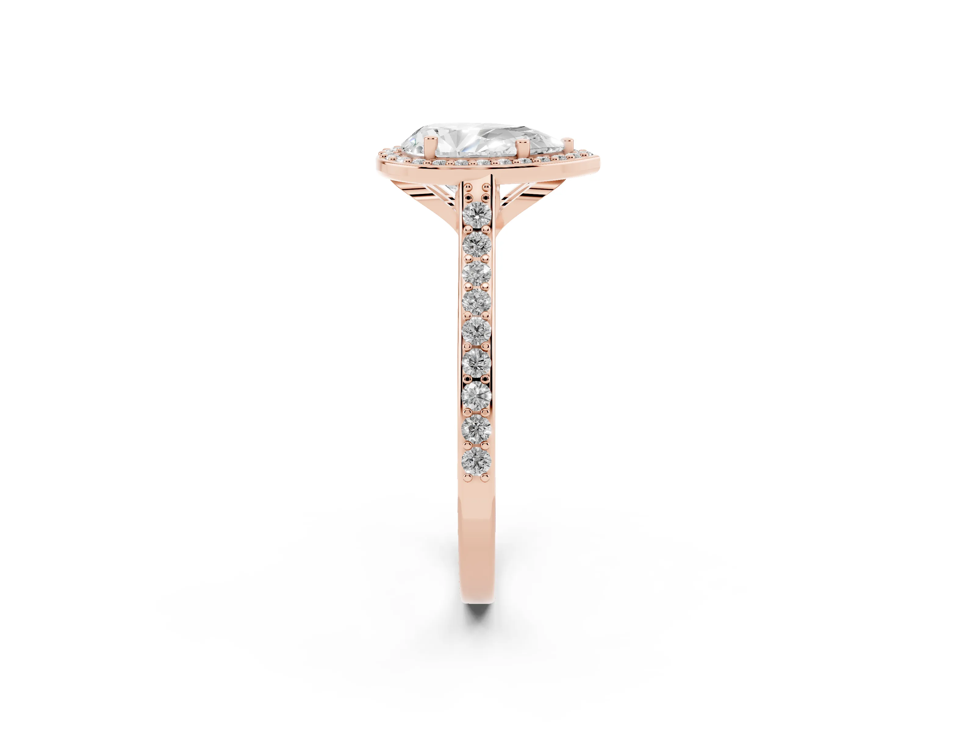 Pear Cut Diamond Halo Engagement Ring Set in Rose gold with Round Pavé Shoulders and Heart Gallery