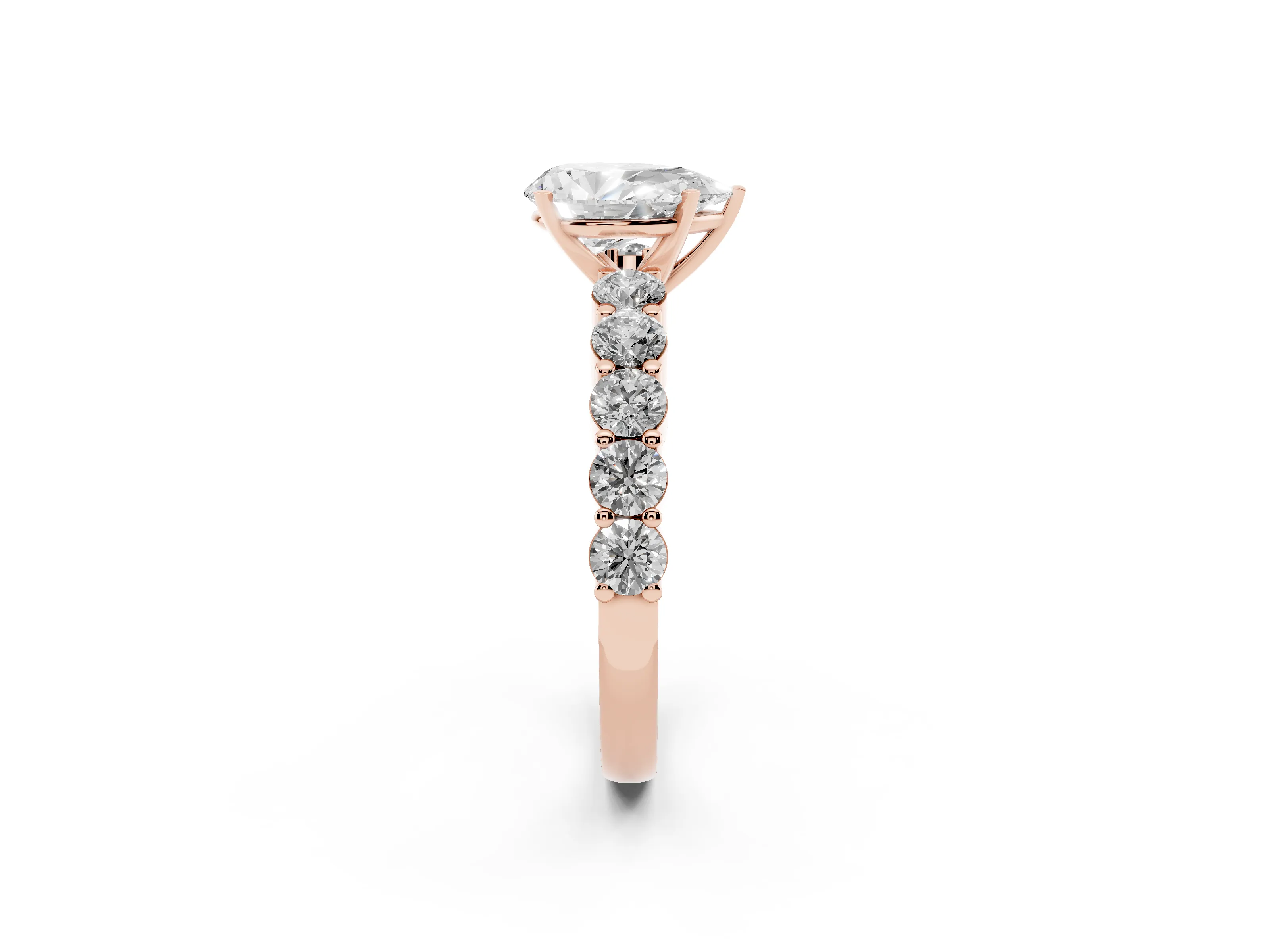 Pear Cut Diamond Solitaire Ring Set in Rose gold with Shared Prong Round Side Stones