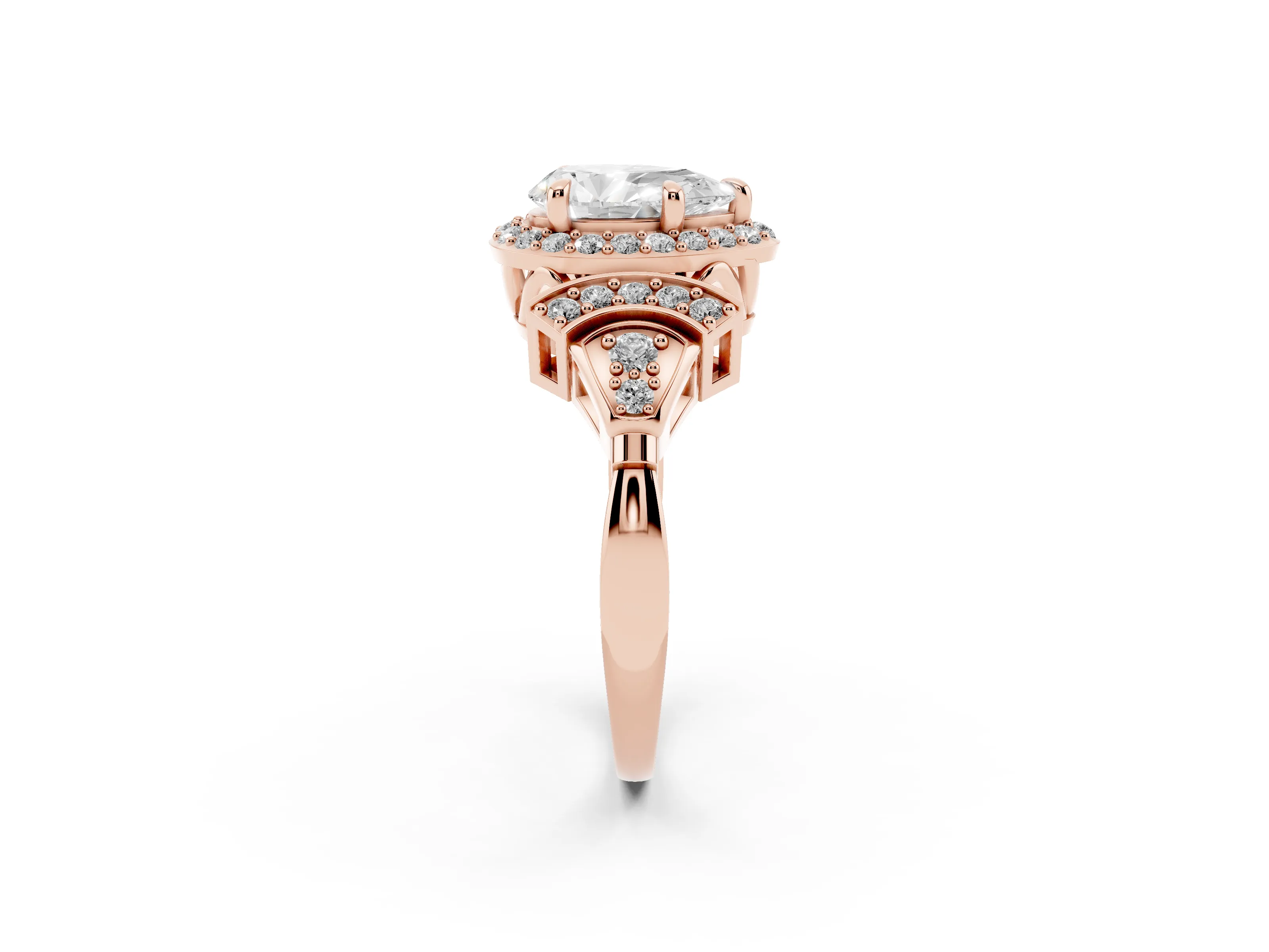 Pear Cut Diamond Halo Engagement Ring Set in Rose gold with Accent Stone Split Shank
