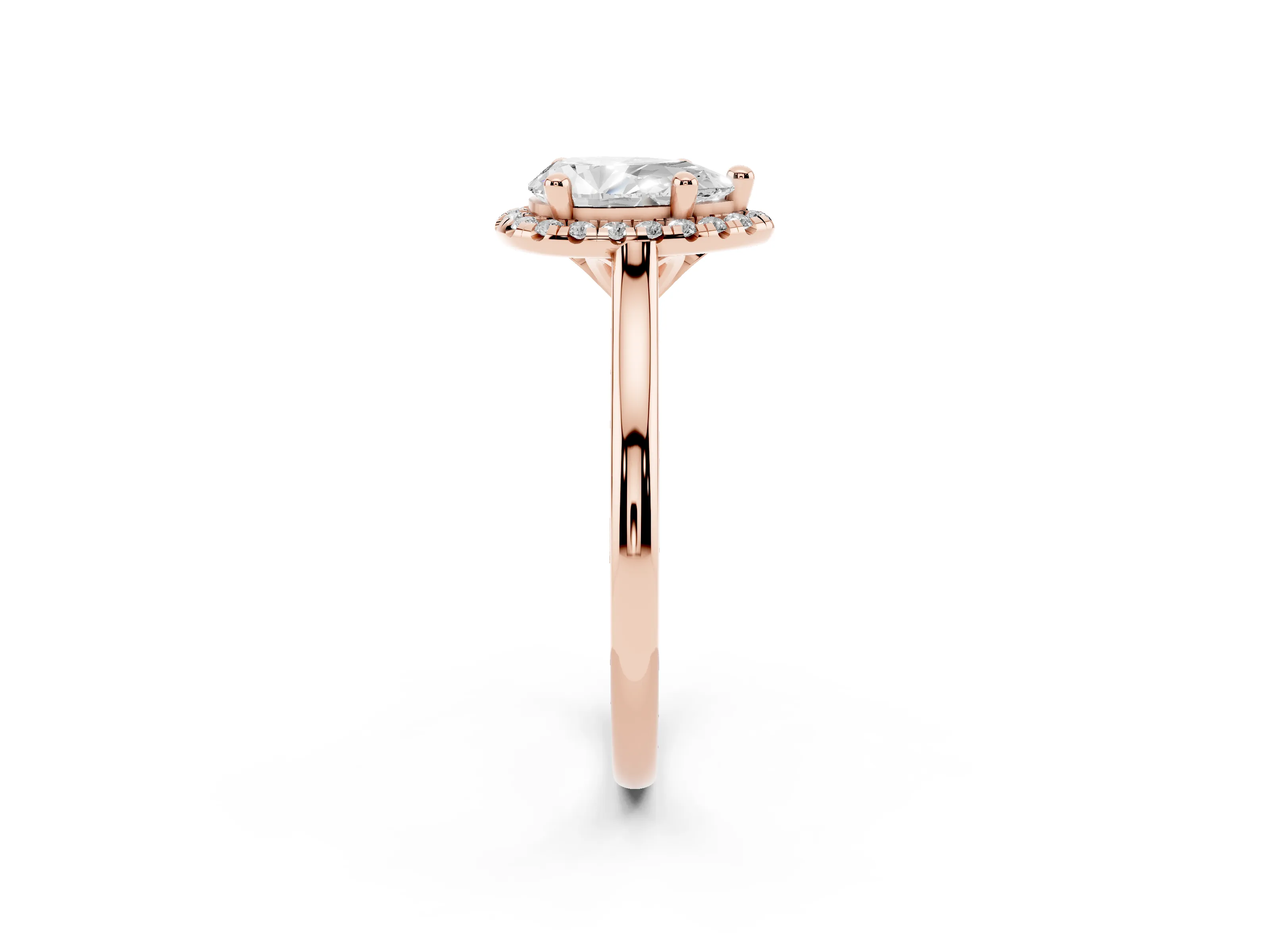Pear Cut Diamond Halo Engagement Ring Set in Rose gold with Pavé Band and Rising Shoulders