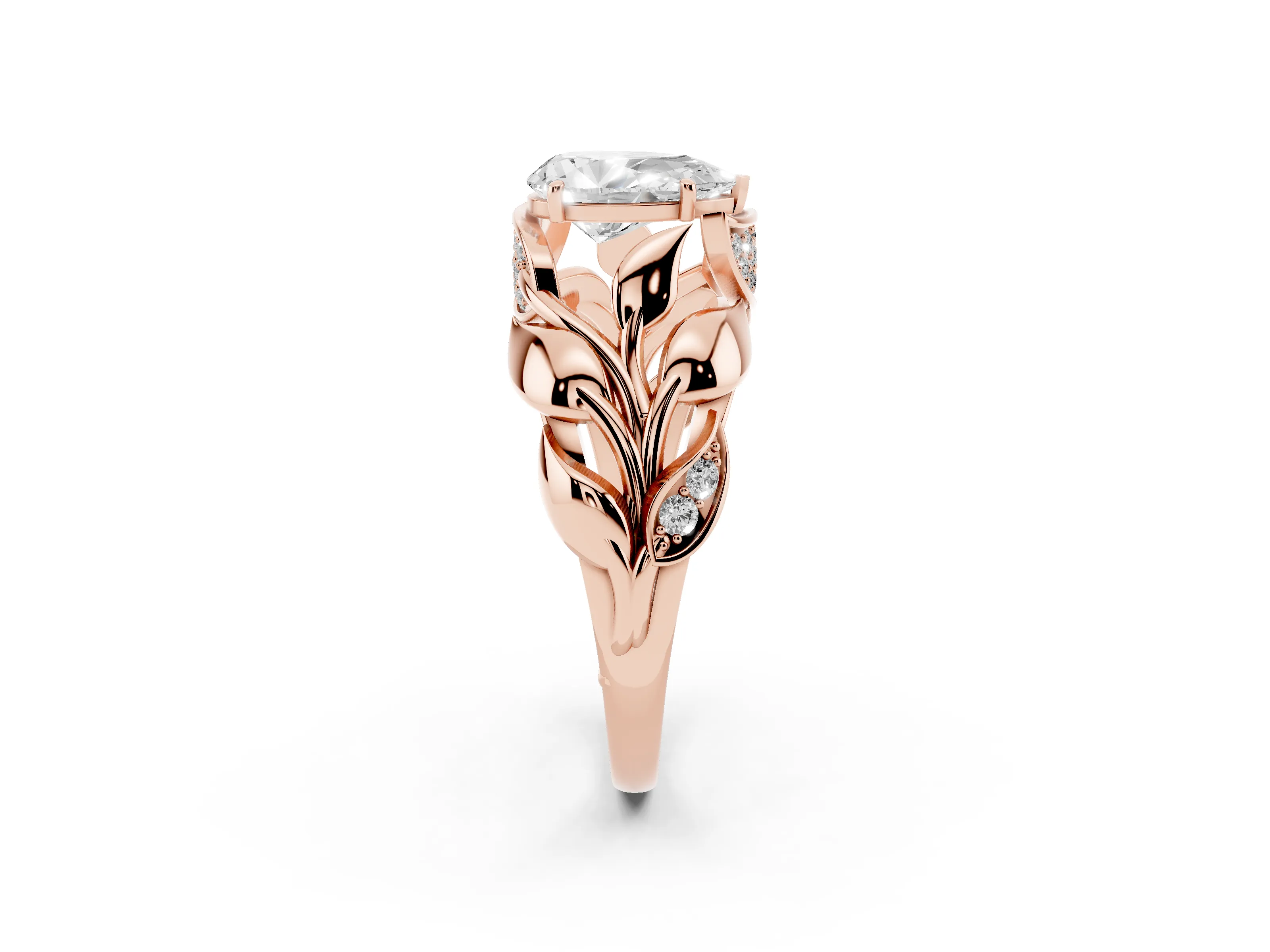 Pear Cut Diamond Leaf-Inspired Engagement Ring Set in Rose gold with Round Accents