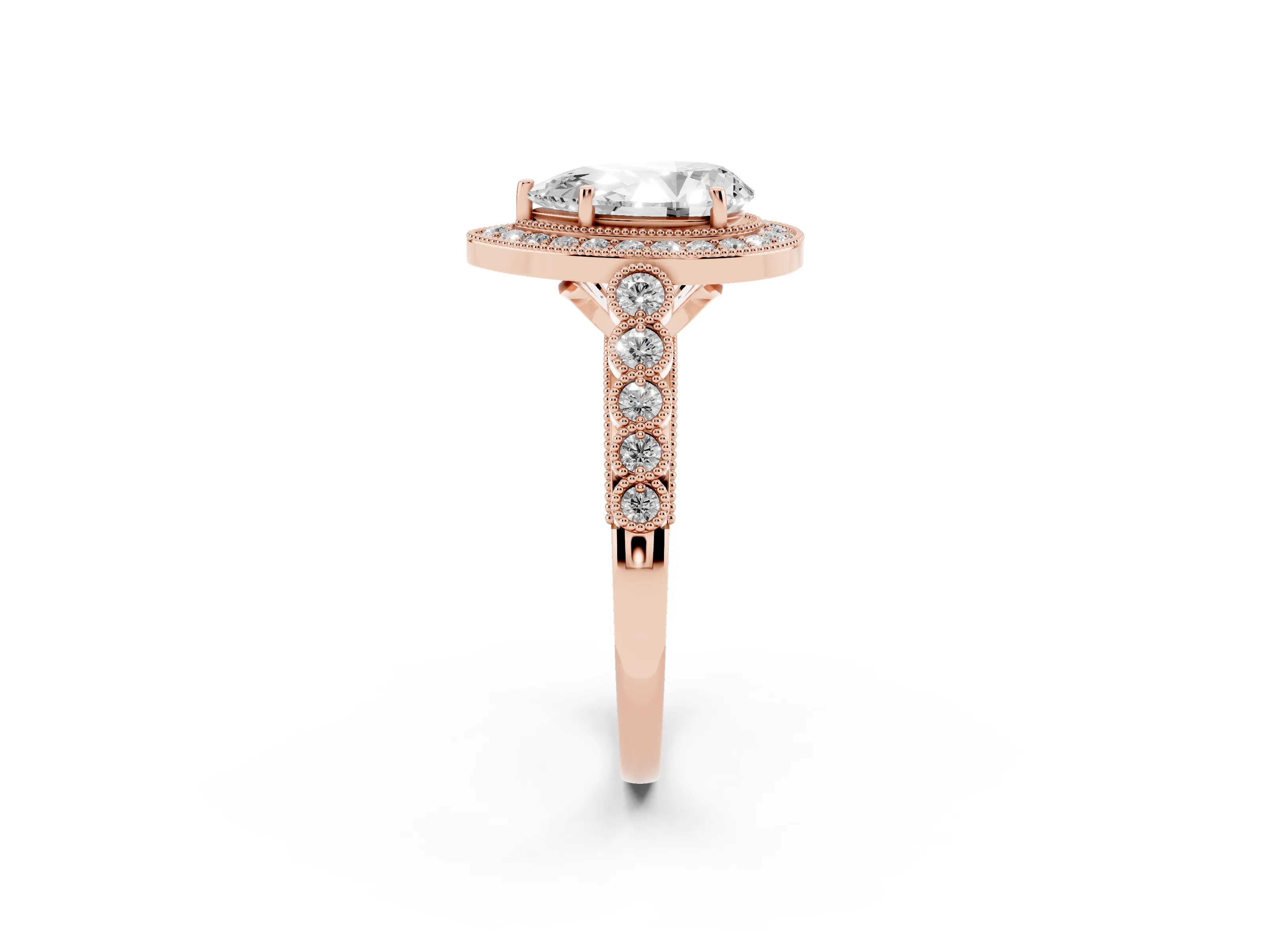 Pear Cut Diamond Milgrain Halo Solitaire Ring Set in Rose gold with Bezel Set Side Stones and Pavé Band
