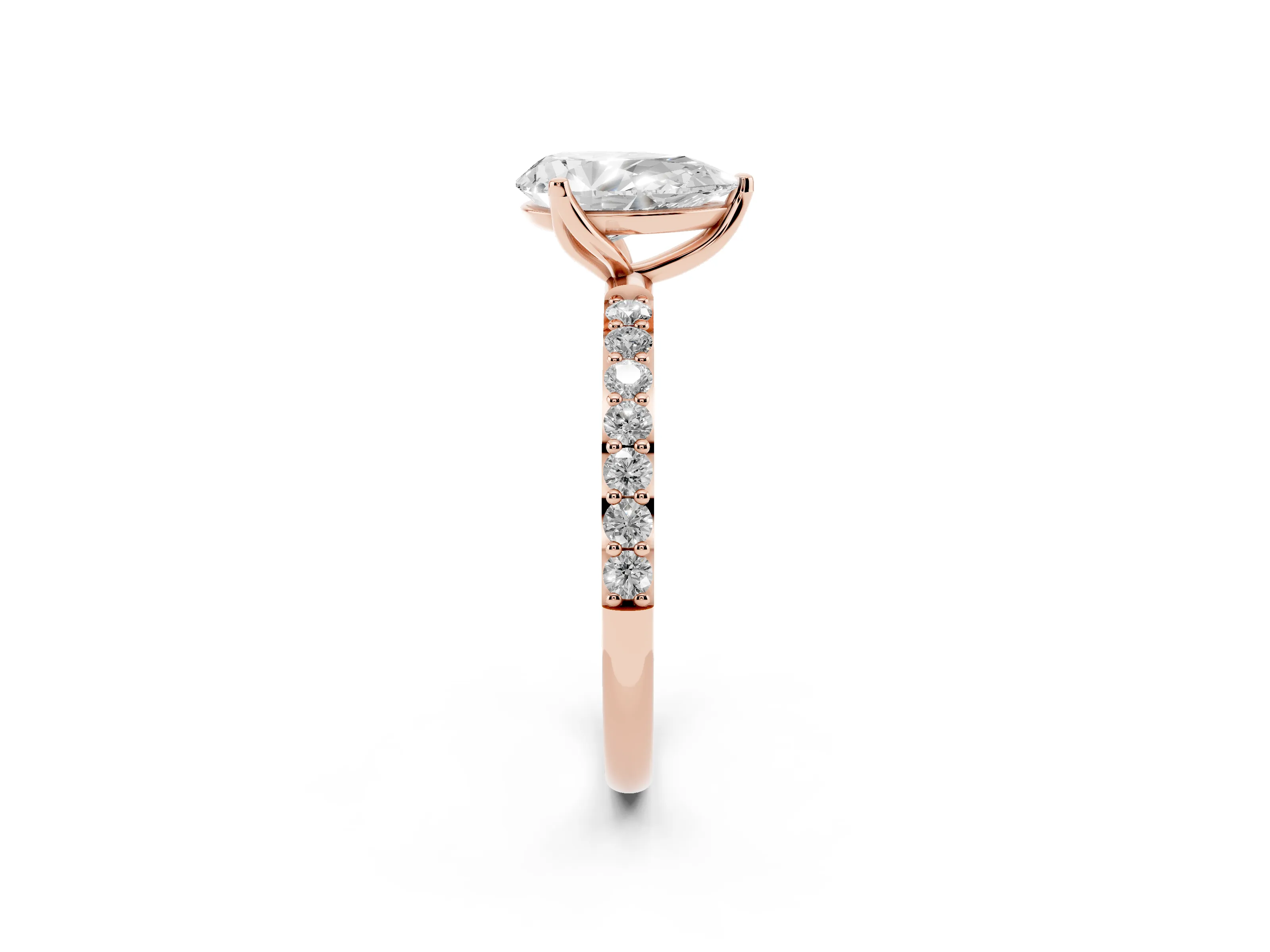 Pear Cut Diamond Solitaire Engagement Ring Set in Rose gold with Round Pavé Band and Prong Setting