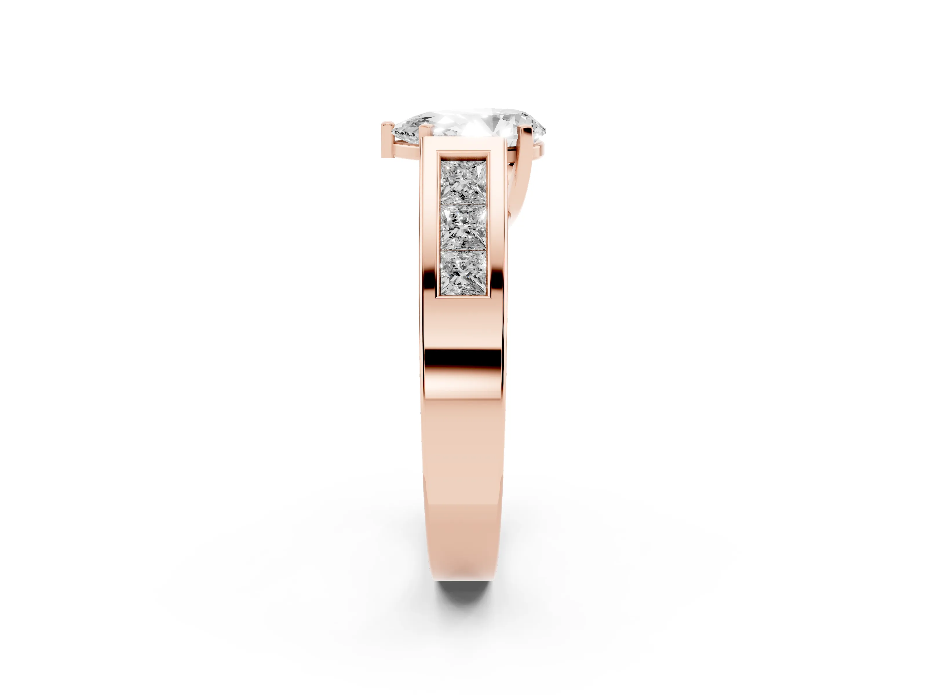 Pear Cut Diamond Solitaire Ring Set in Rose gold with Channel-Set Accent Stones and Prong Setting
