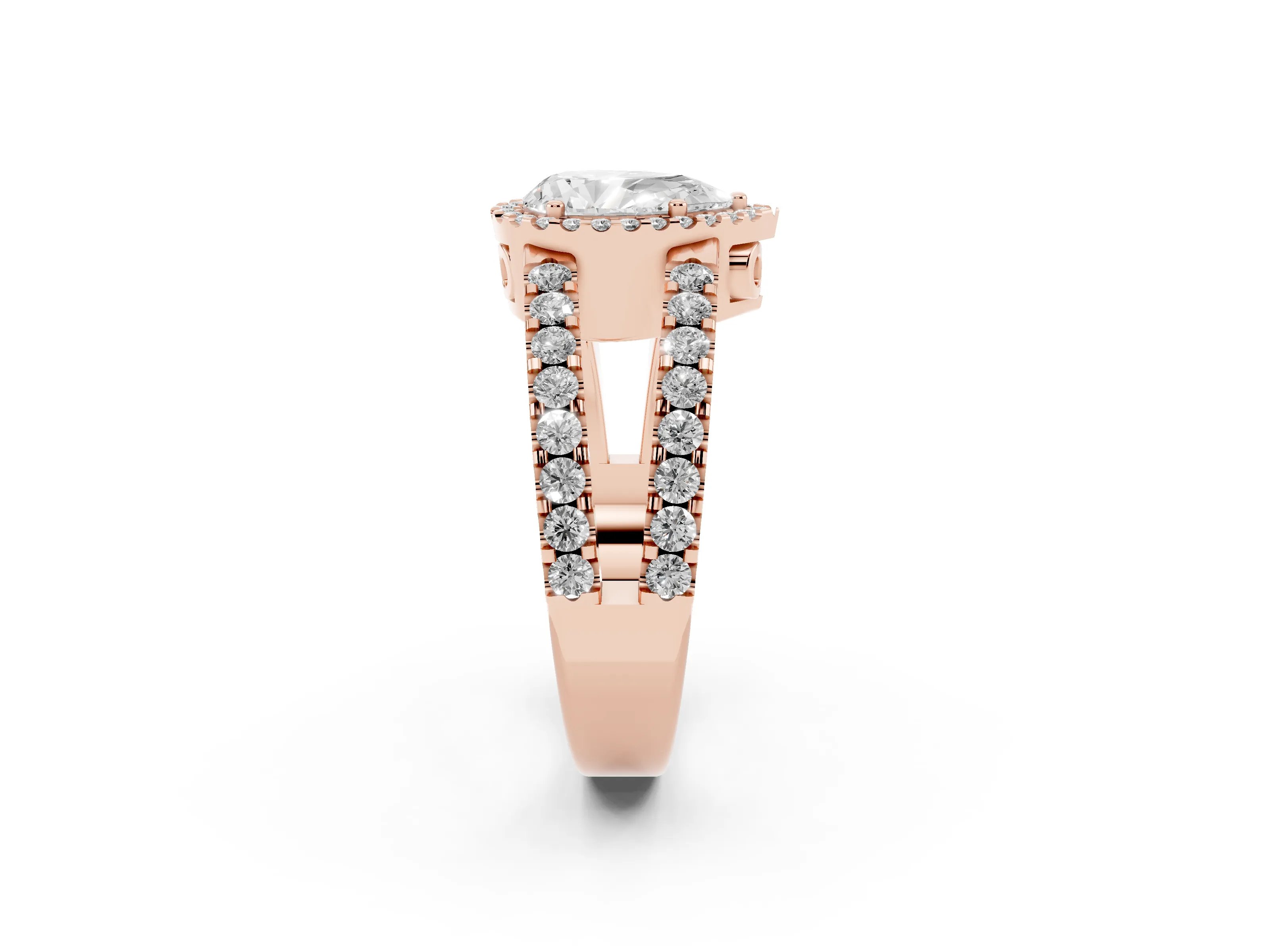 Pear Cut Diamond Halo Ring Set in Rose gold with Pavé Split Shank and Prong Setting