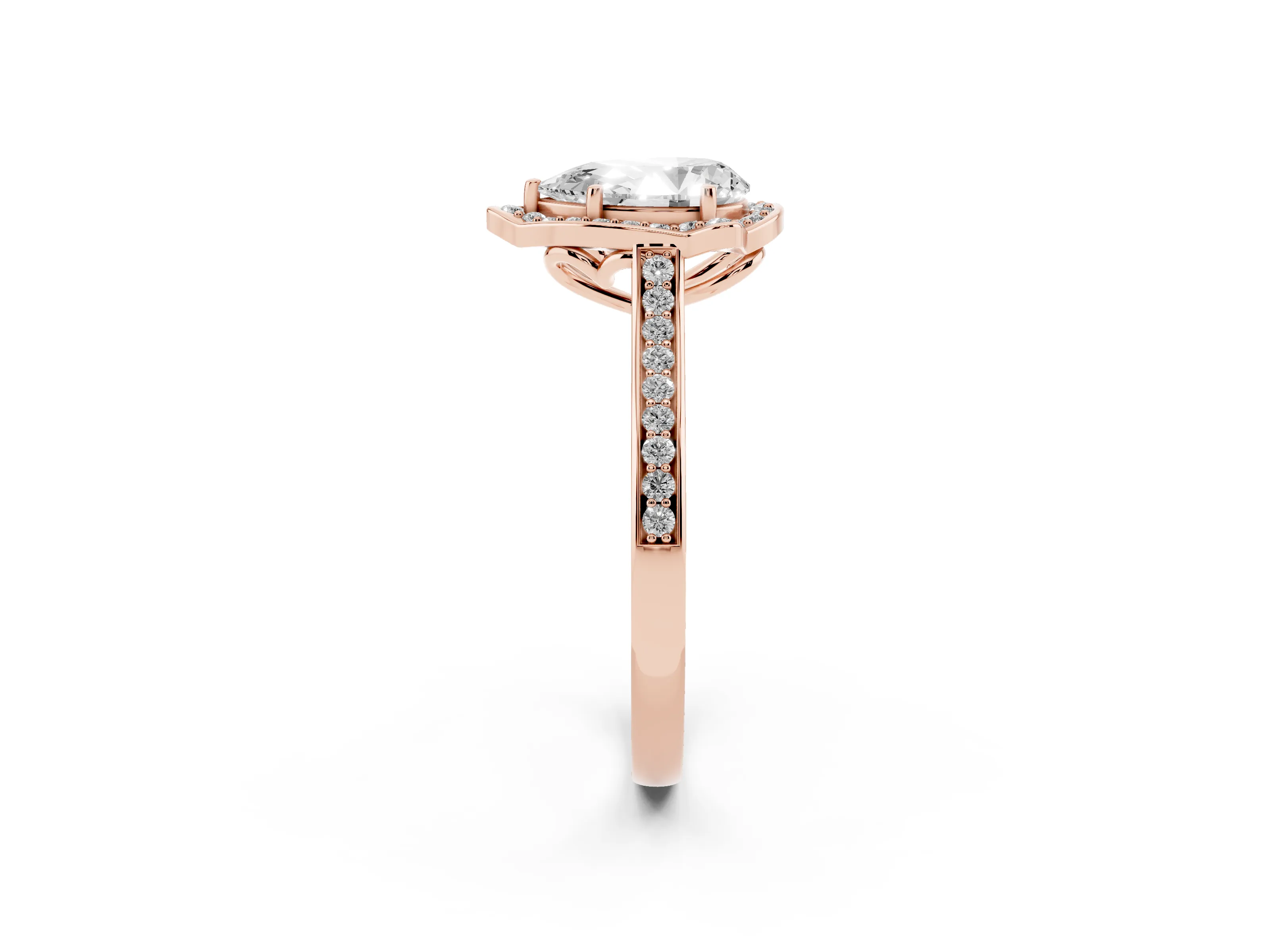 Pear Cut Diamond Halo Ring Set in Rose gold with Pavé-Lined Shoulders and Prong Setting