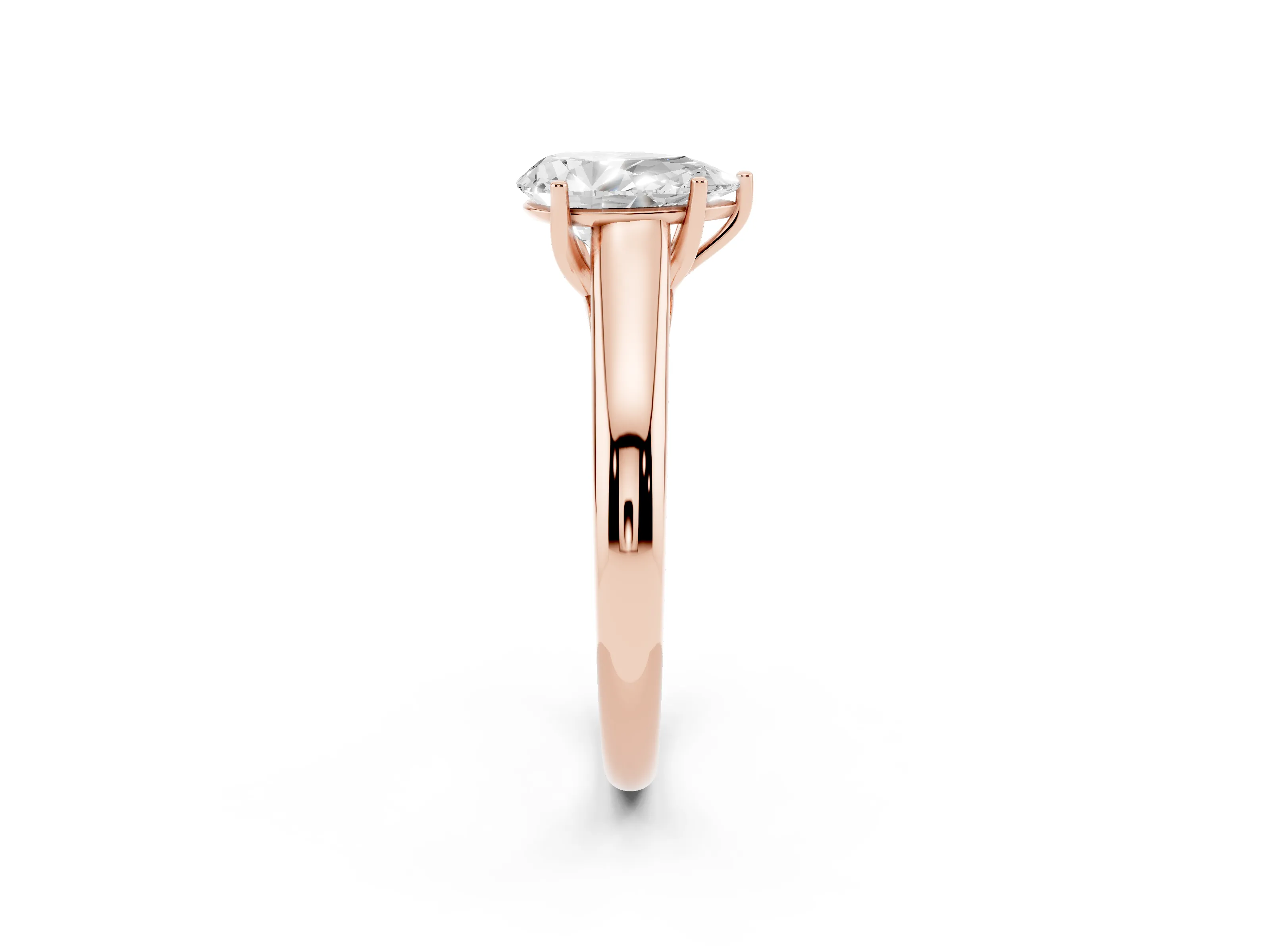 Pear Cut Diamond Solitaire Engagement Ring Set in Rose gold with Subtly Tapered Band and Prong Setting