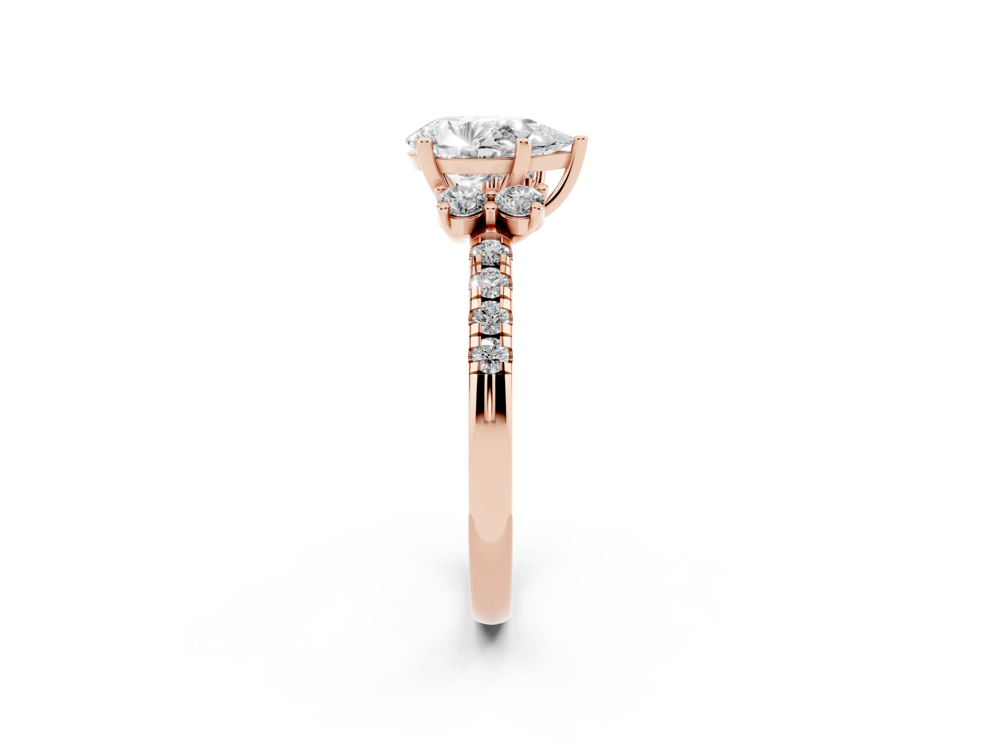 Pear Cut Diamond Three-Stone Pavé Ring Set in Rose gold with Prong Setting
