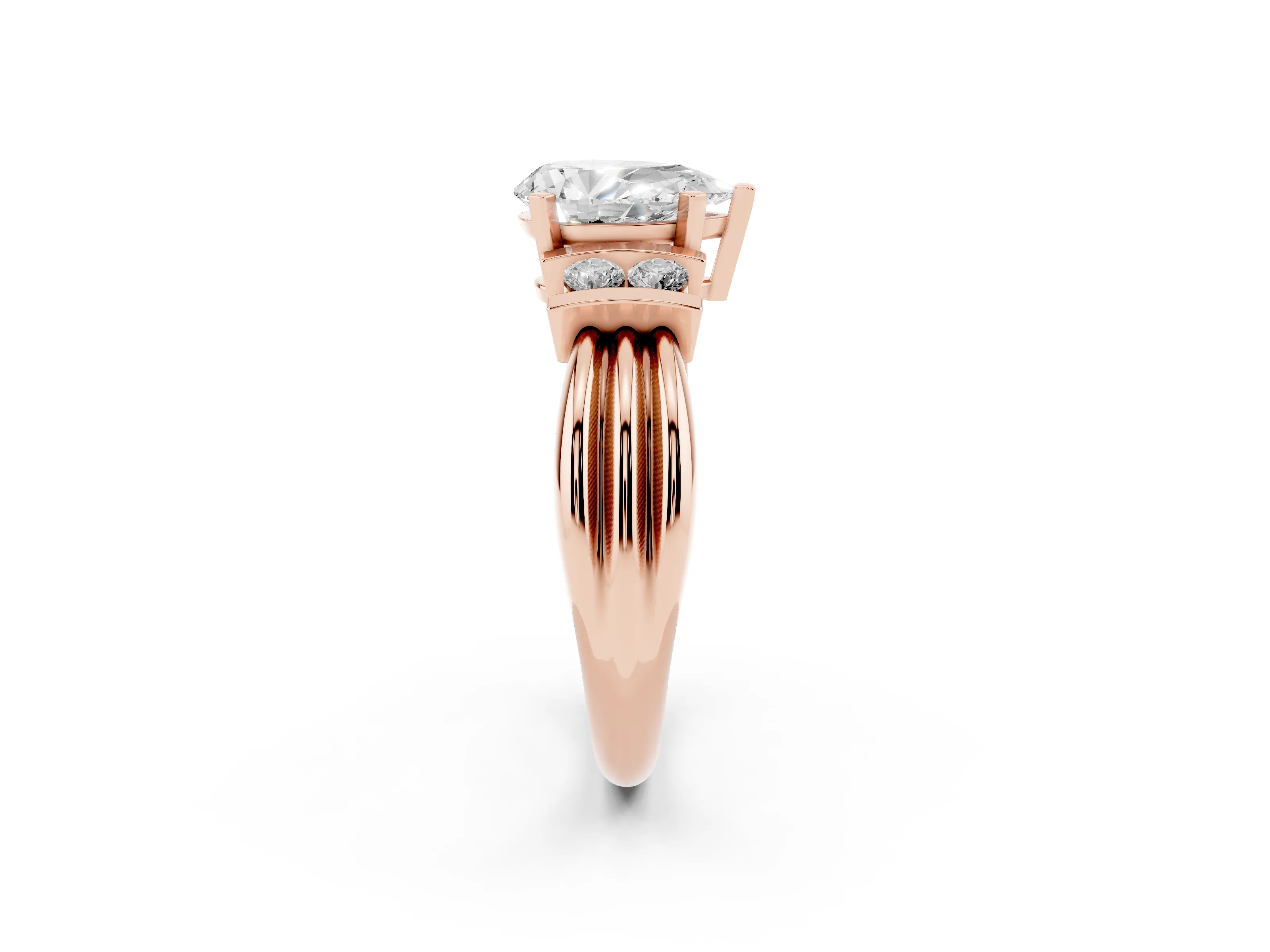 Three-Stone Pear Cut Diamond Channel Set Ring Set in Rose gold with Bar Prongs