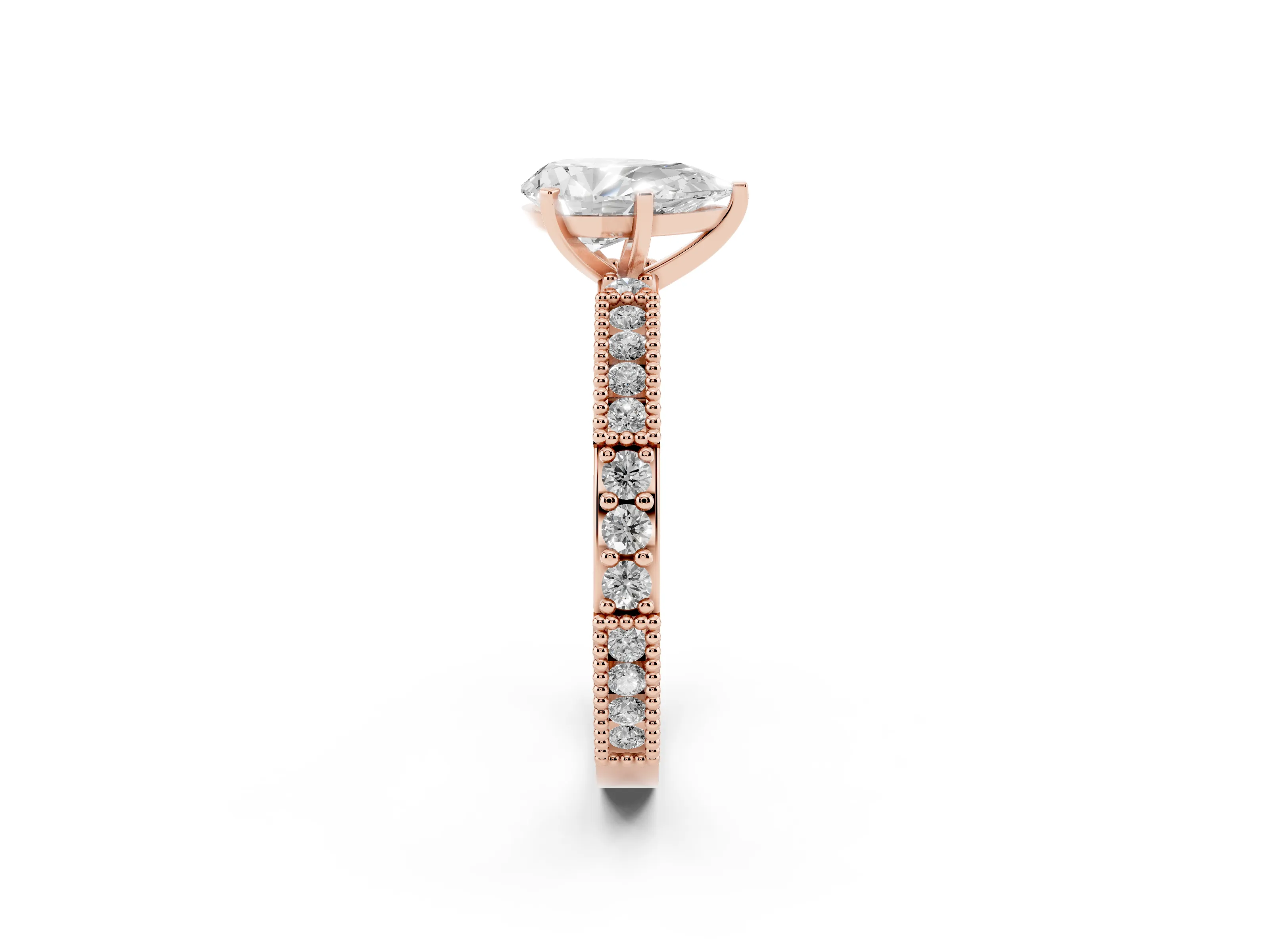 Pear Cut Diamond Solitaire Ring Set in Rose gold with Slim Pavé Band and Prong Setting
