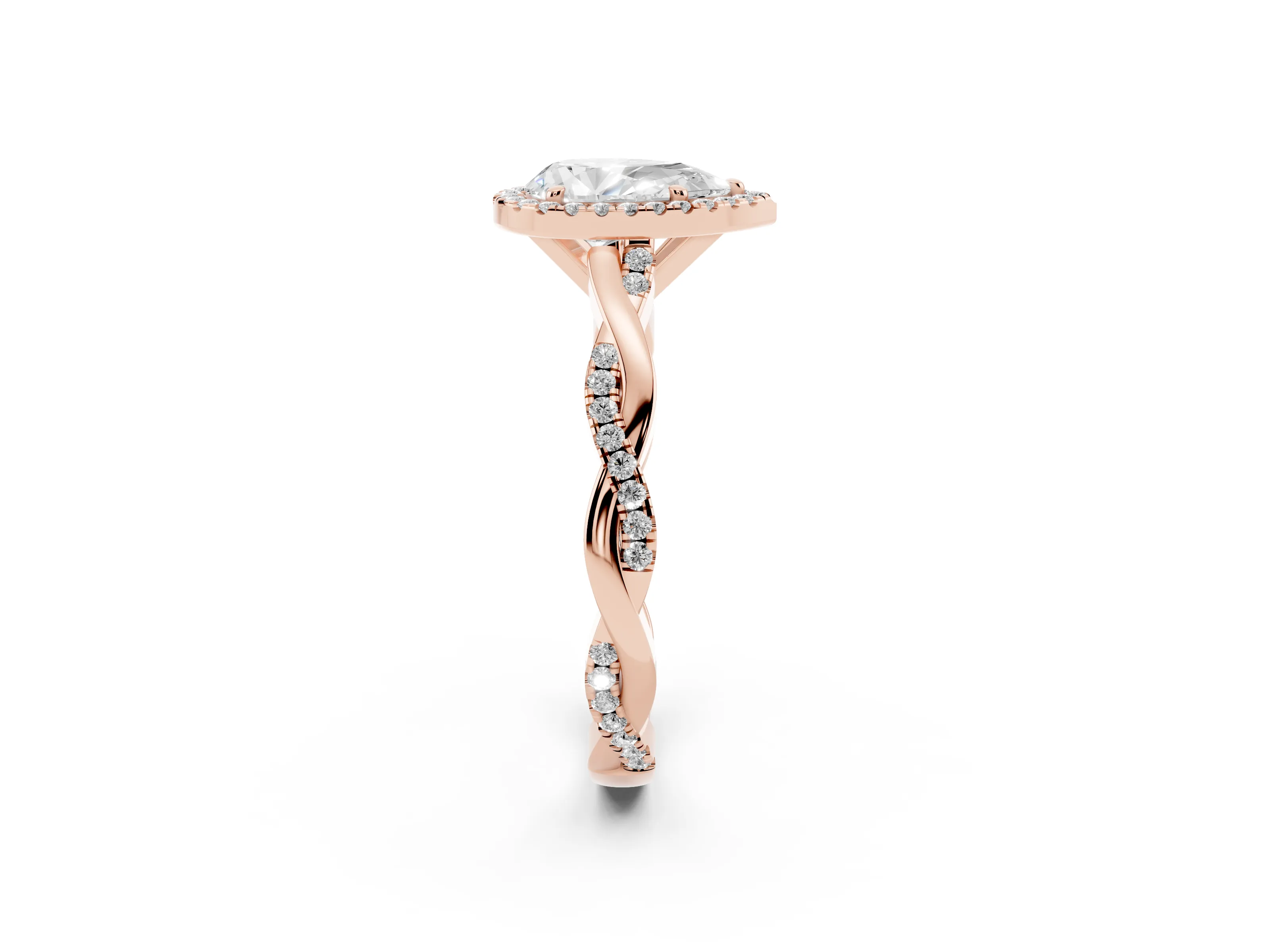 Pear Cut Diamond Halo Twisted Band Ring Set in Rose gold with Prong Setting