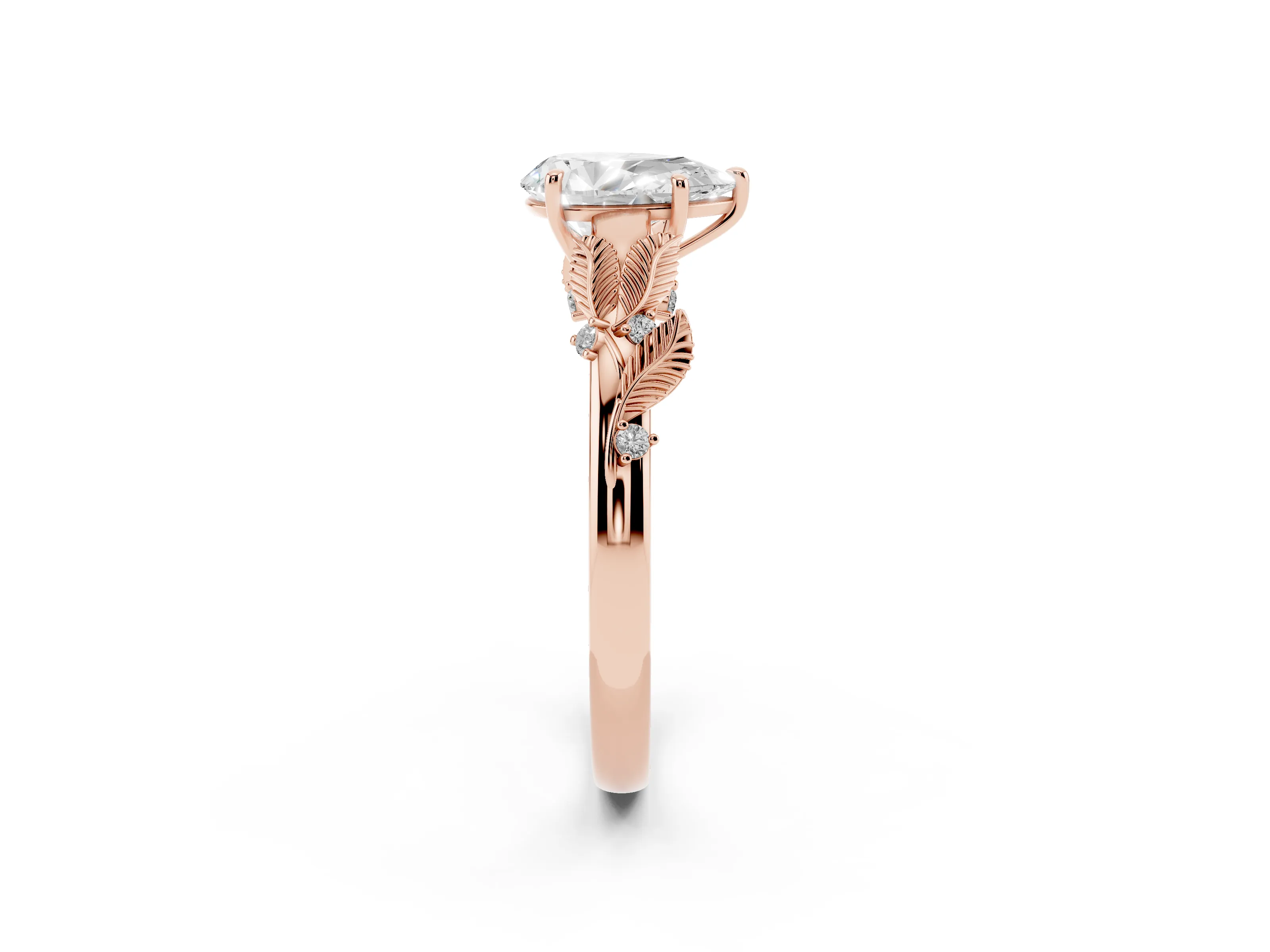 Pear Cut Diamond Solitaire Ring Set in Rose gold with Leaf Motif Band