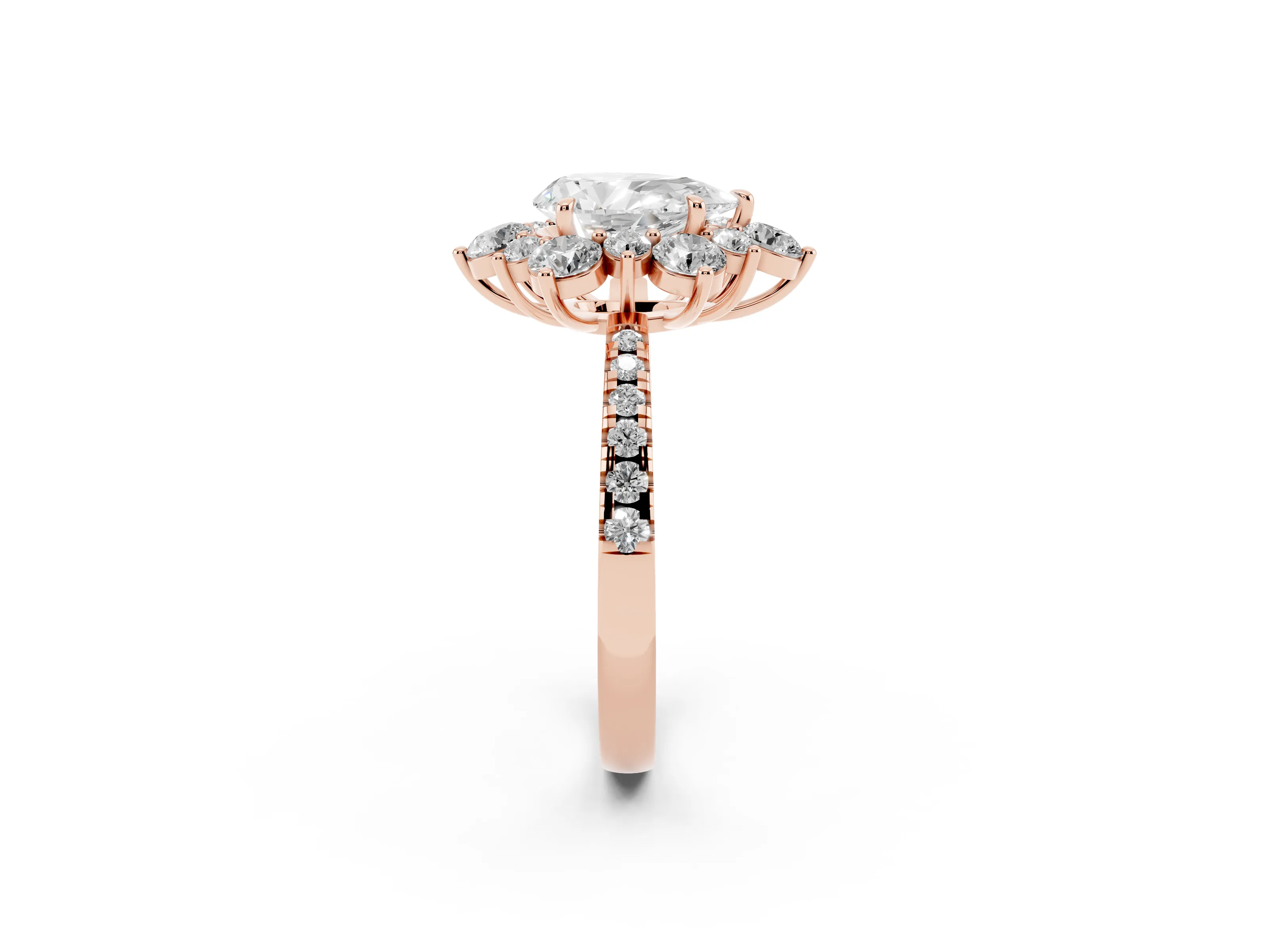 Pear Cut Diamond Floral Halo Ring Set in Rose gold with Round Pavé Band and Prong Setting