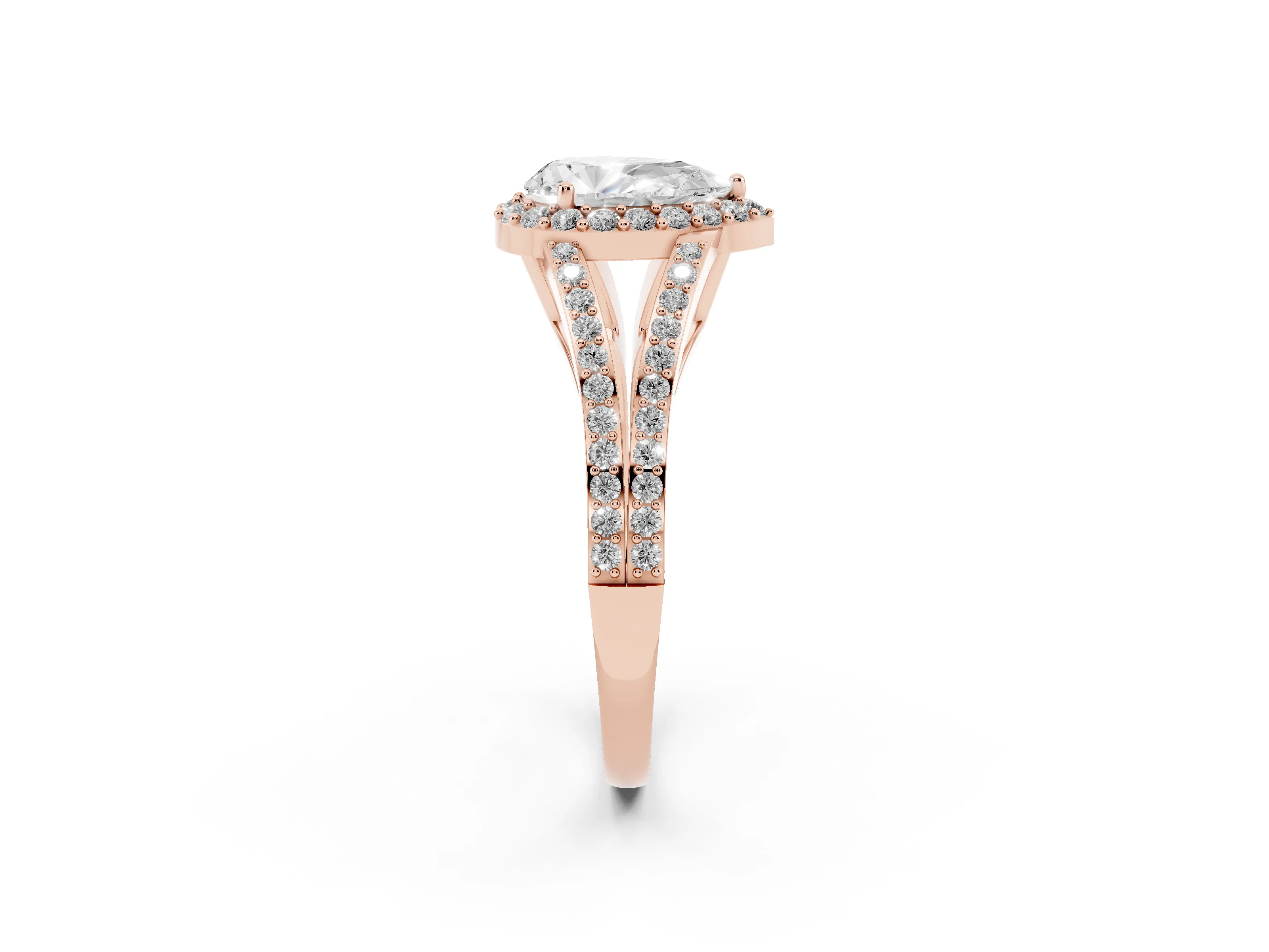 Pear Cut Diamond Halo Split Shank Pavé Ring Set in Rose gold with Prong Setting