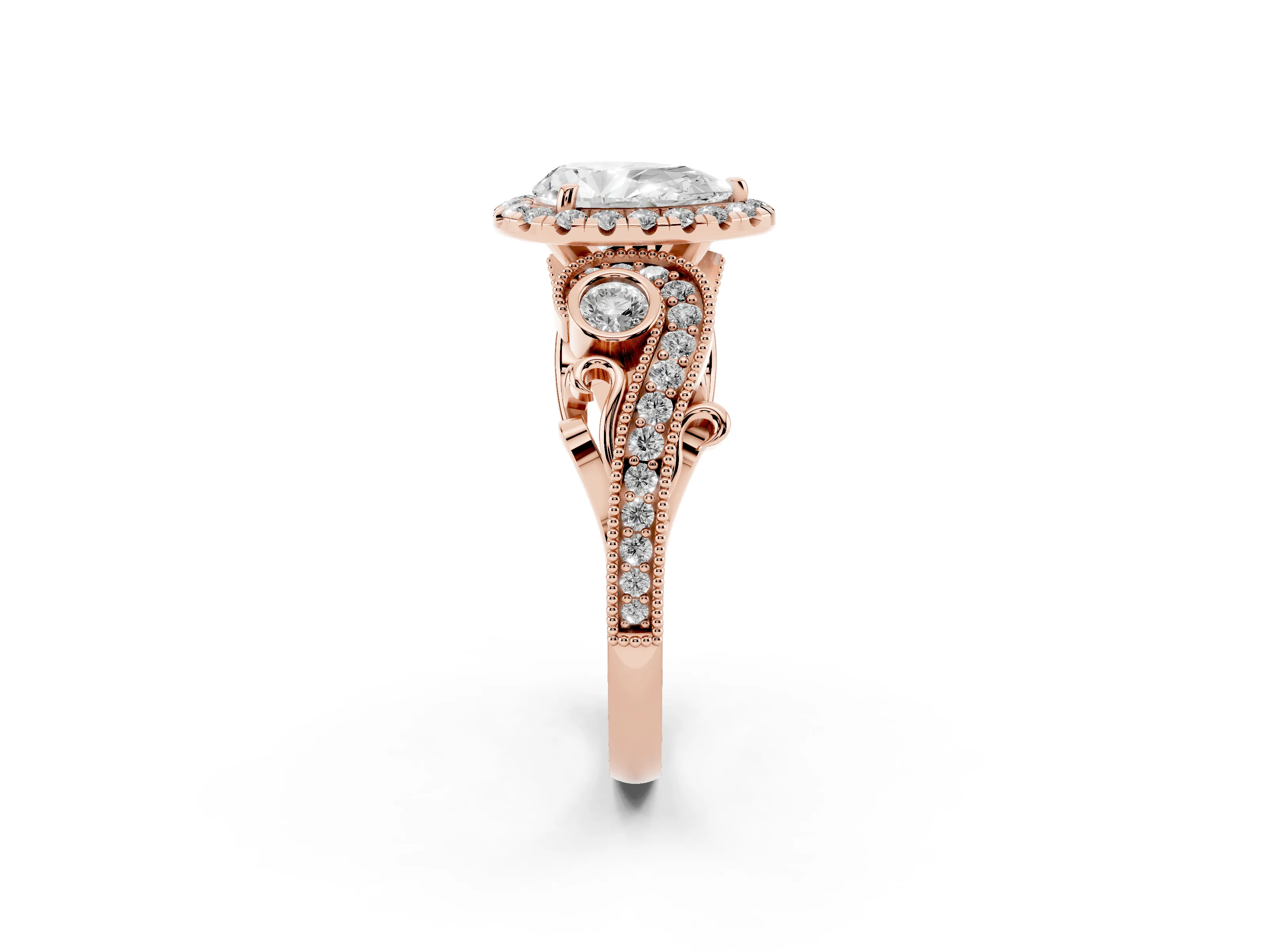 Pear Cut Diamond Halo Ring Set in Rose gold with Milgrain Pavé Band and Prong Setting