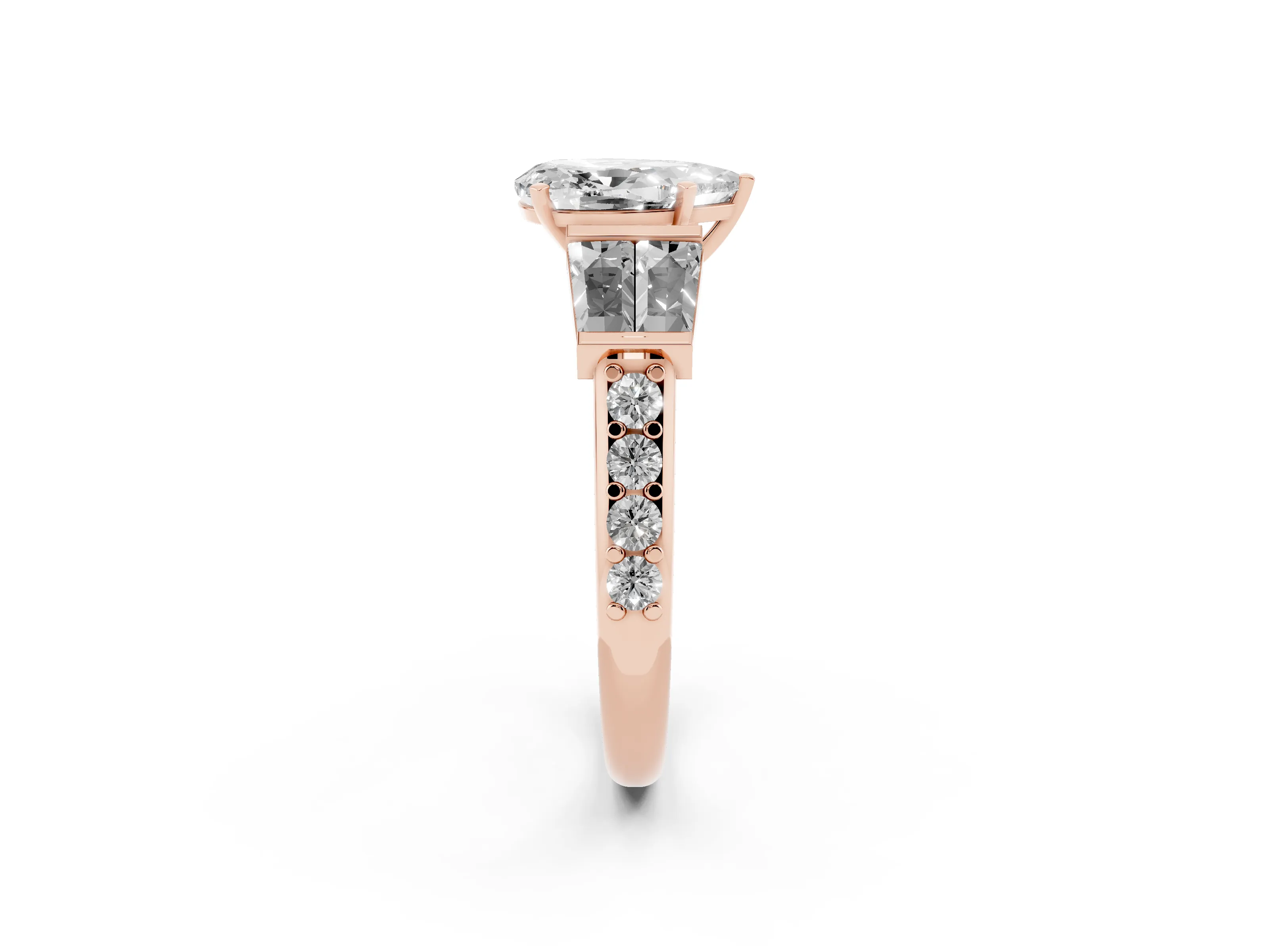 Pear Cut Diamond Engagement Ring Set in Rose gold with Baguette Side Stones and Channel Set Band