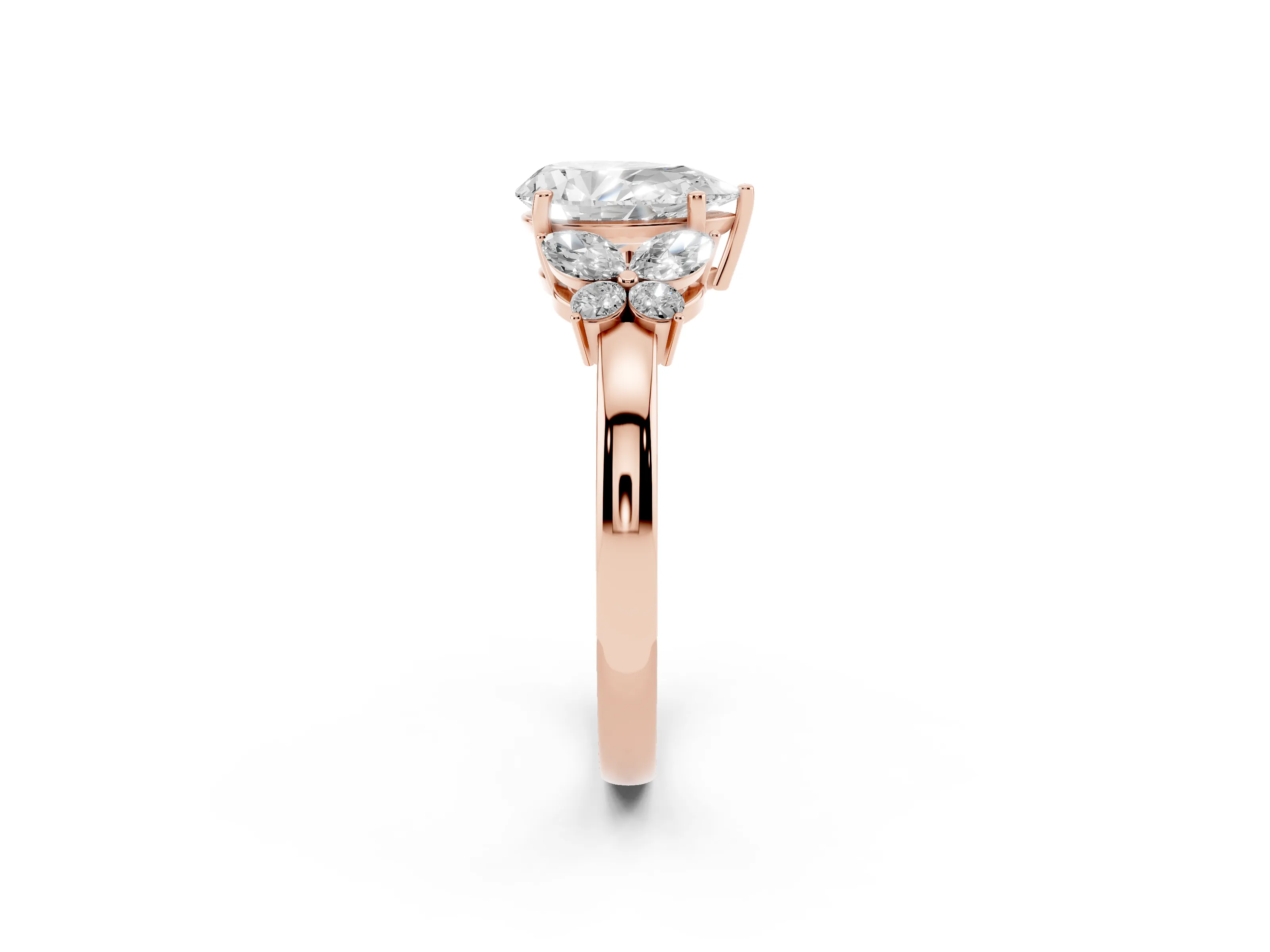 Pear Cut Diamond Solitaire Floral Ring Set in Rose gold with Marquise Petals and Prong Setting