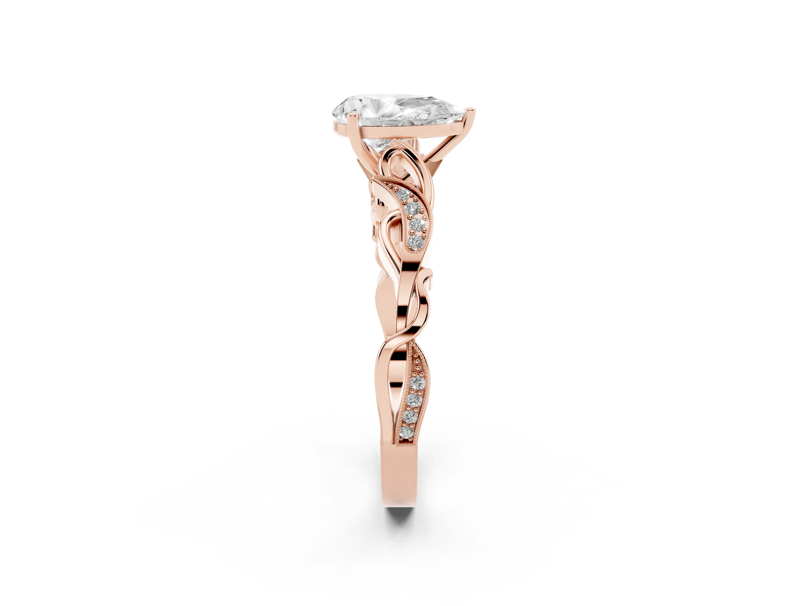 Pear Cut Diamond Vine Band Solitaire Ring Set in Rose gold with Milgrain Prong Setting