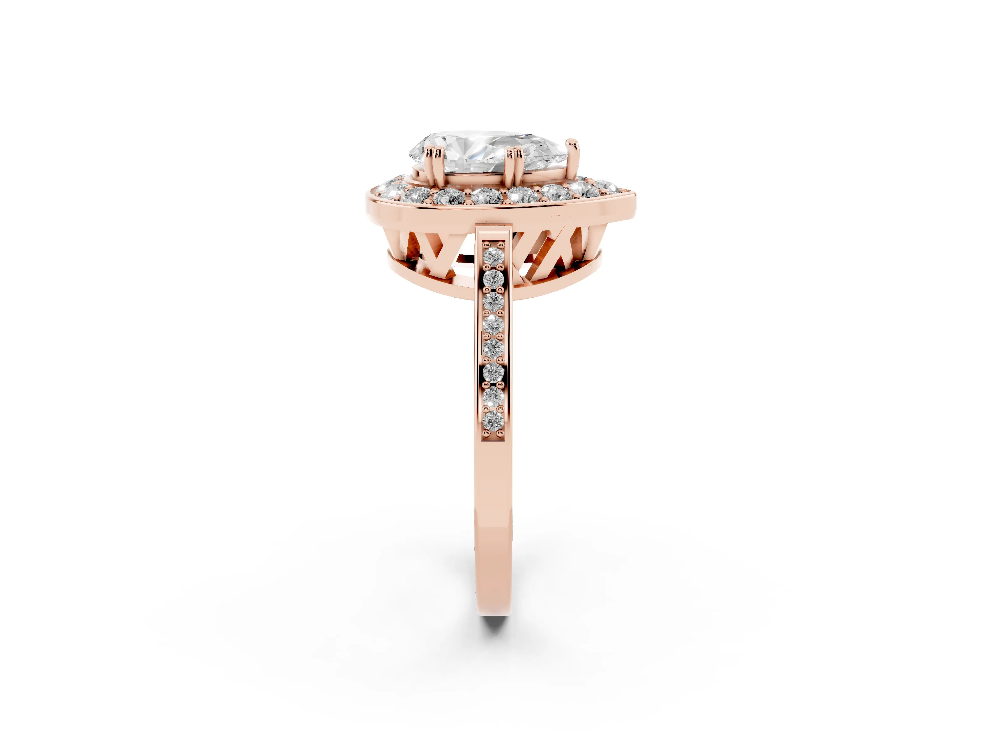 Pear Cut Diamond Halo Ring Set in Rose gold with Accent-Lined Split Shank and Prong Setting