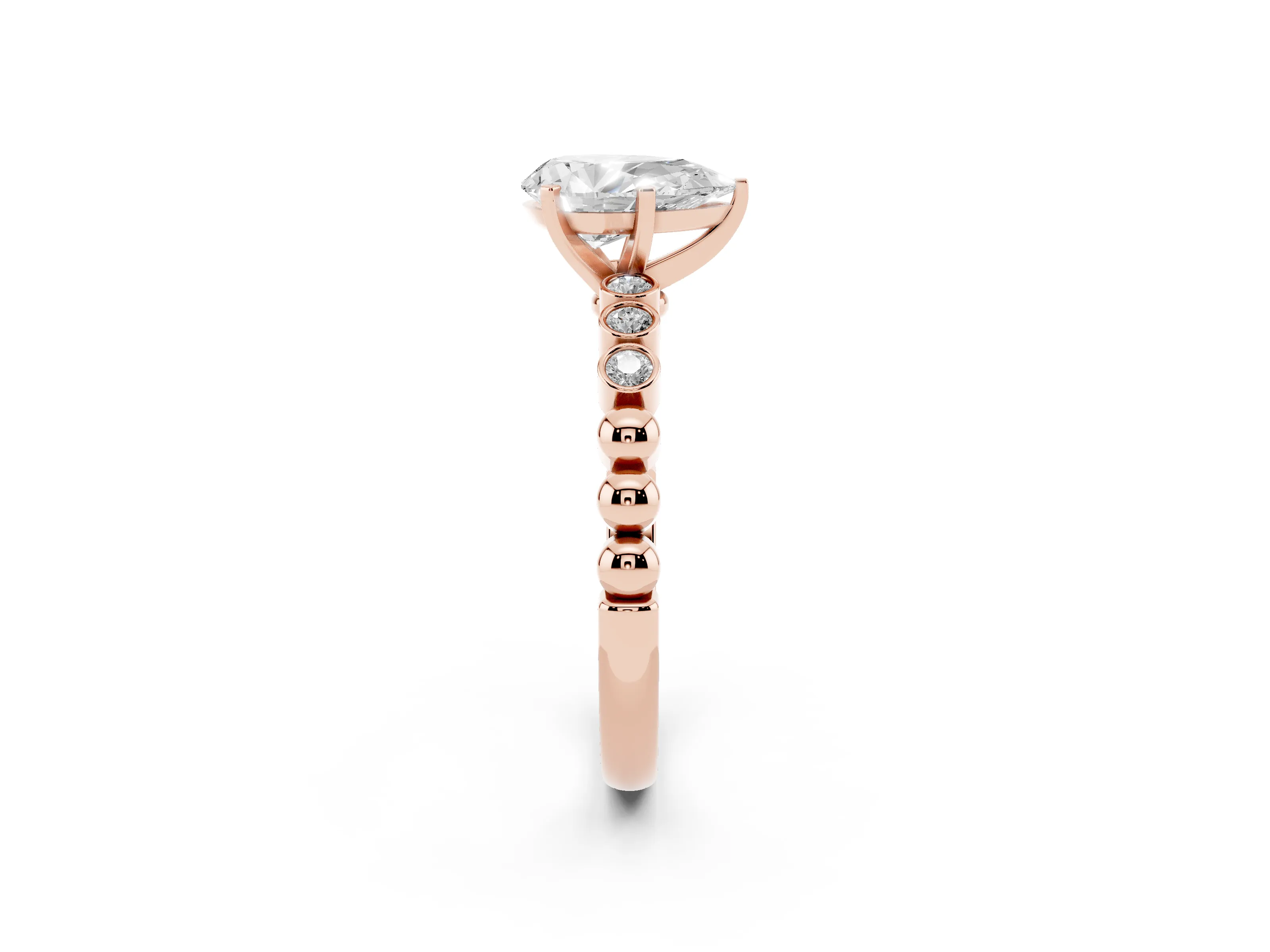 Pear Cut Diamond Solitaire Engagement Ring Set in Rose gold with Bezel Accents on Beaded Band