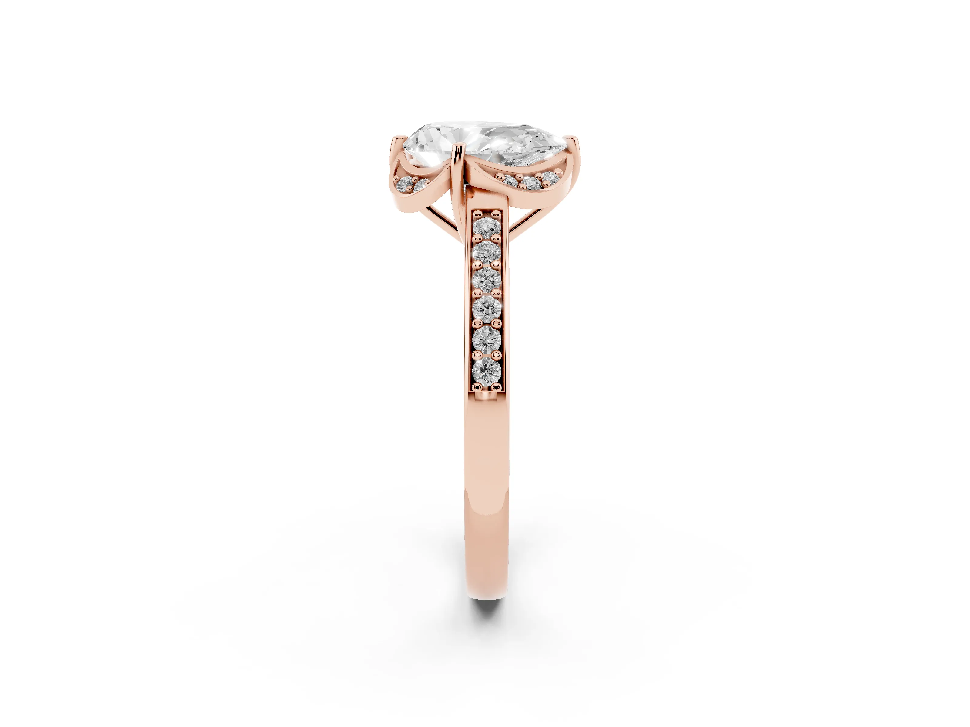 Pear Cut Diamond Halo Ring Set in Rose gold with Channel Set Band and Prong Setting