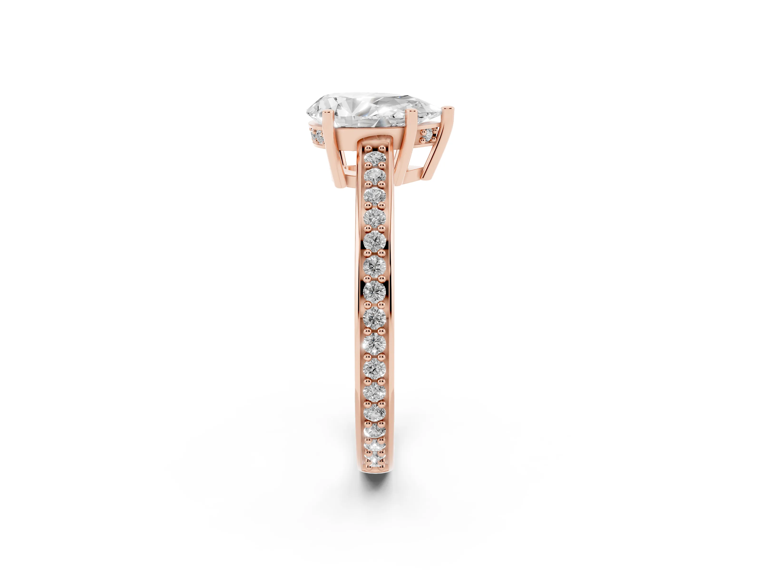 Pear Cut Diamond Pavé Band Prong Set Solitaire Ring Set in Rose gold