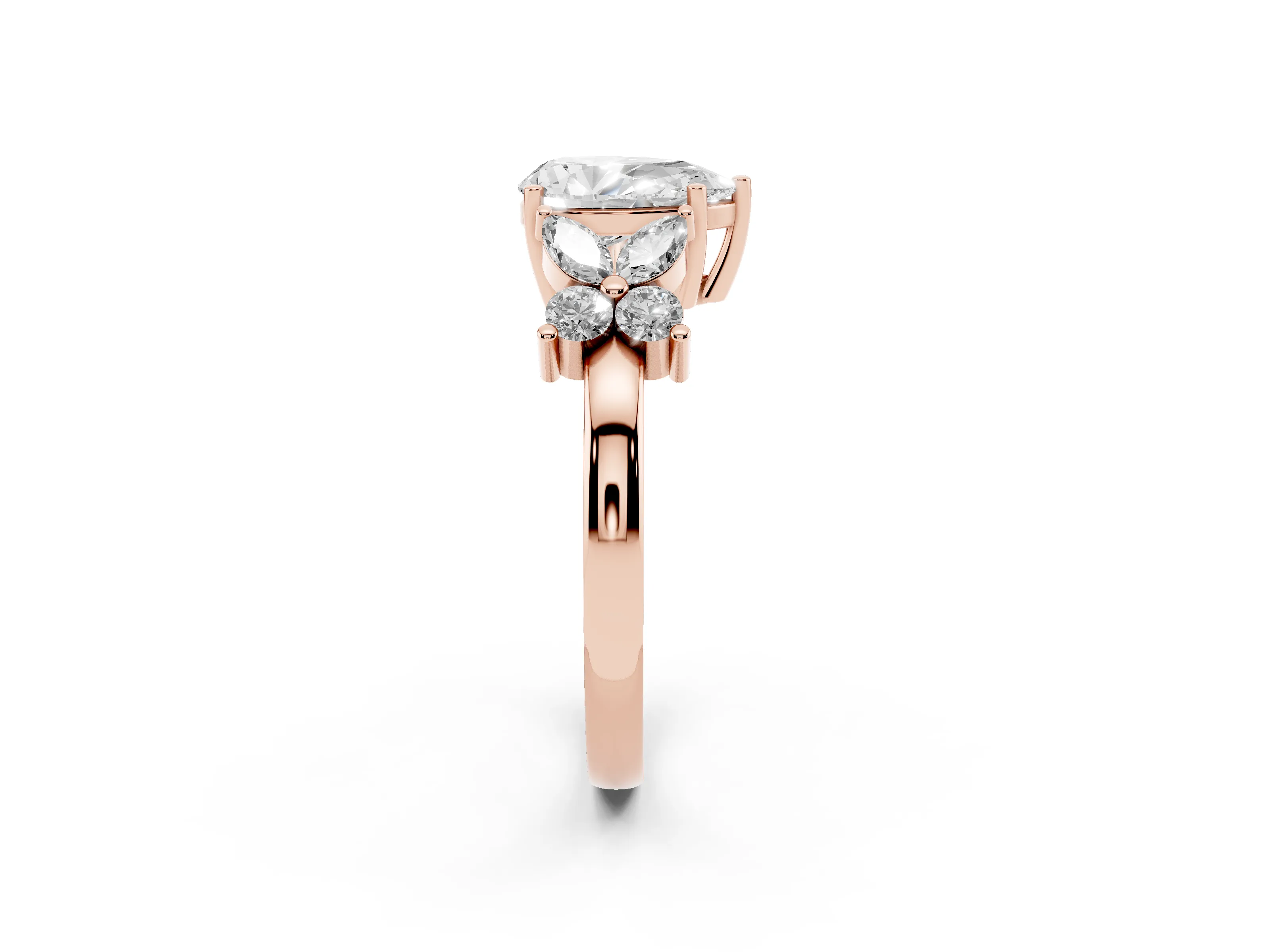 Pear Cut Diamond Floral Cluster Ring Set in Rose gold with Marquise Petals and Prong Setting