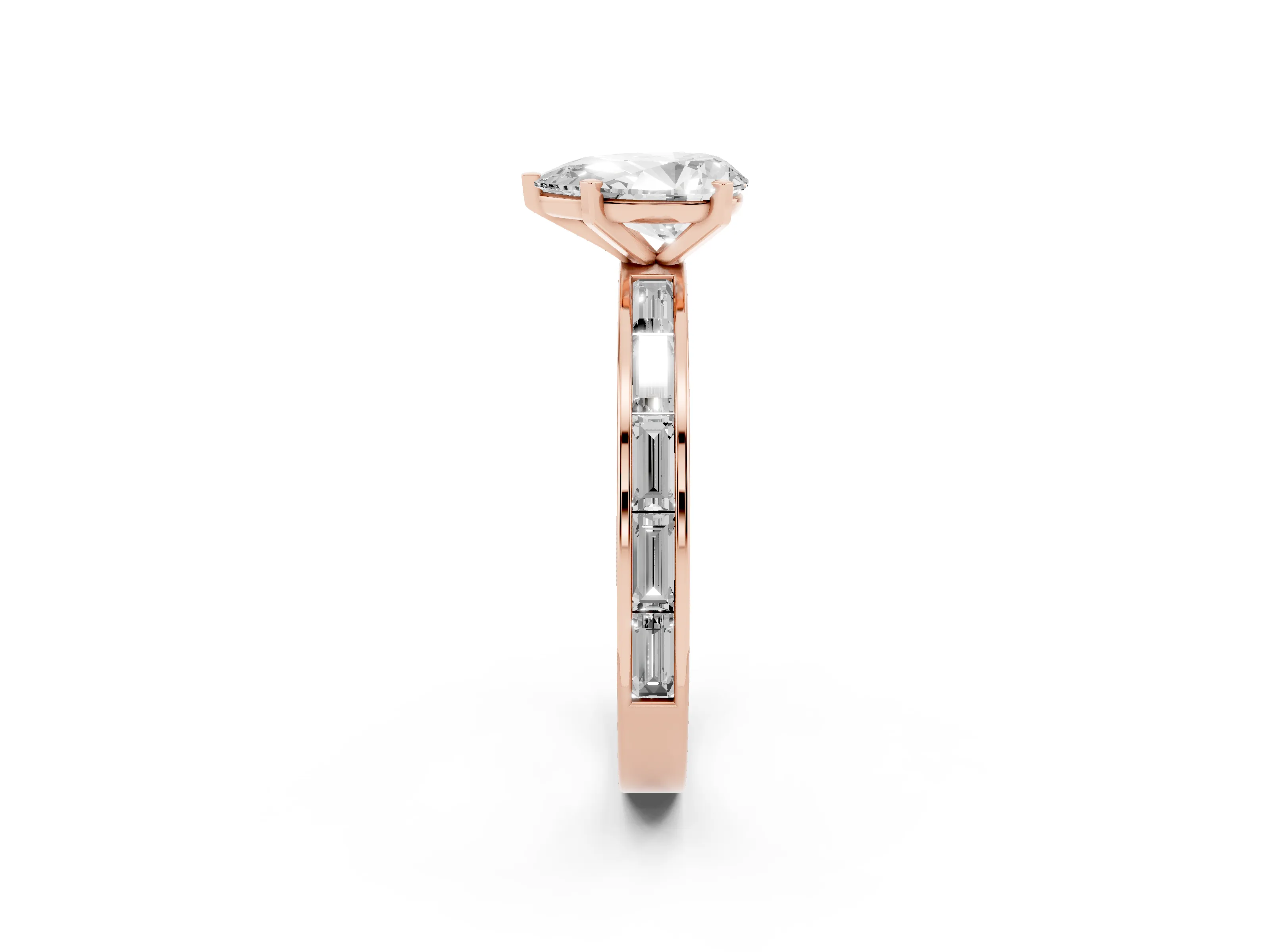 Pear Cut Diamond Solitaire Ring Set in Rose gold with Channel-Set Baguette Band and Prong Setting