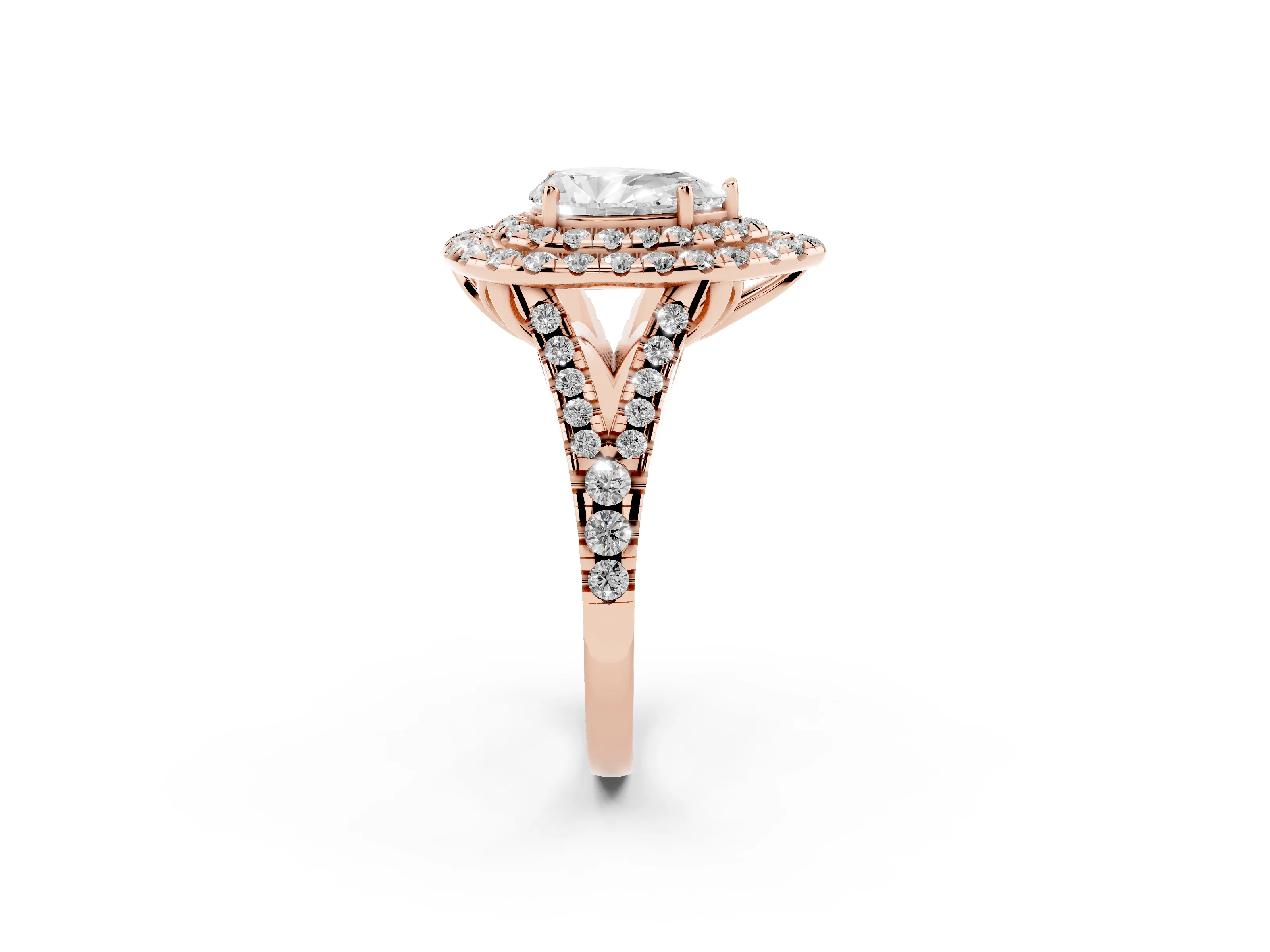 Pear Cut Diamond Double Halo Ring Set in Rose gold with Pavé Split Shank and Prong Setting