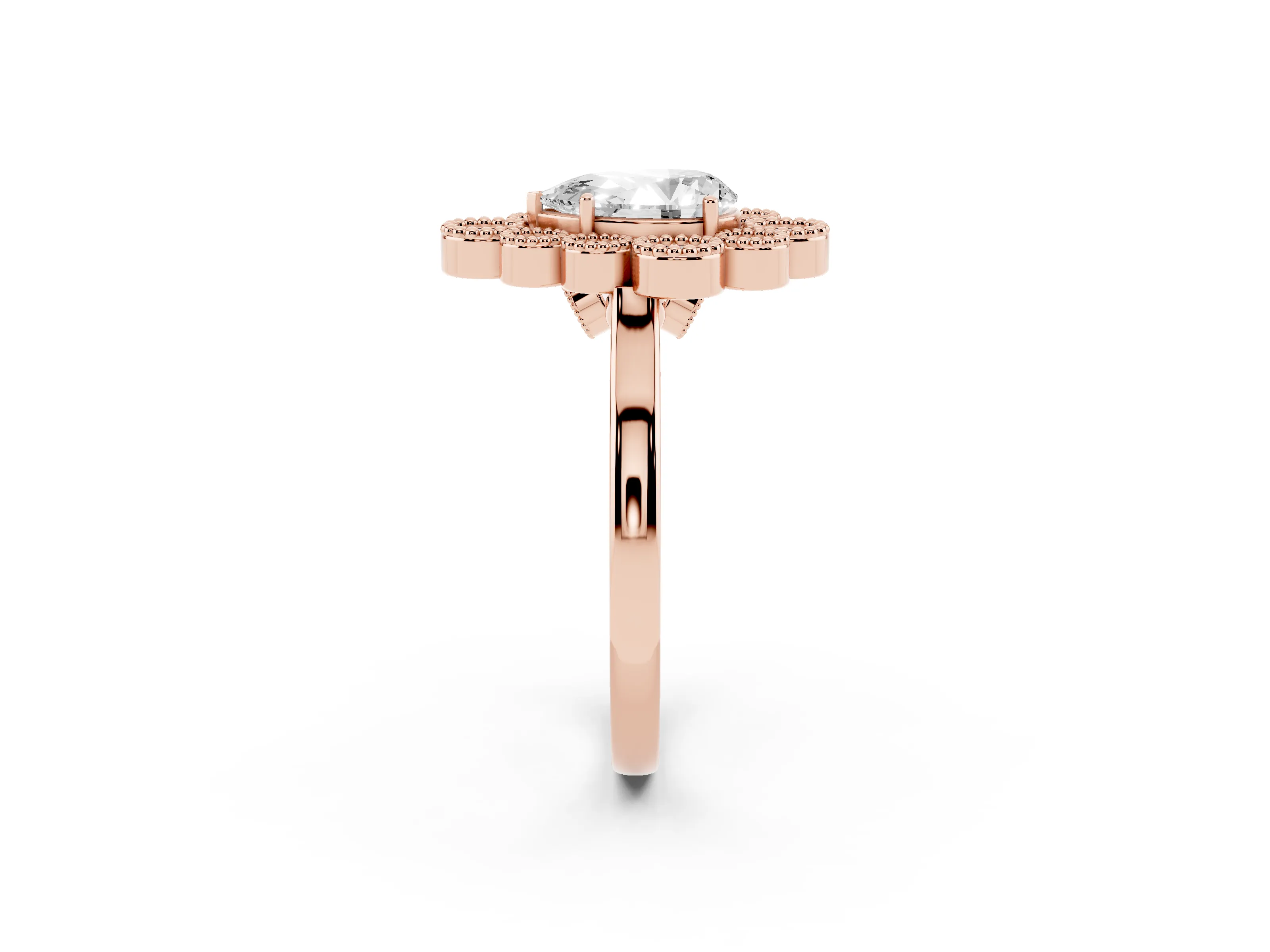 Pear Cut Diamond Cluster Halo Ring Set in Rose gold with Milgrain Bezel Accents and Plain Band