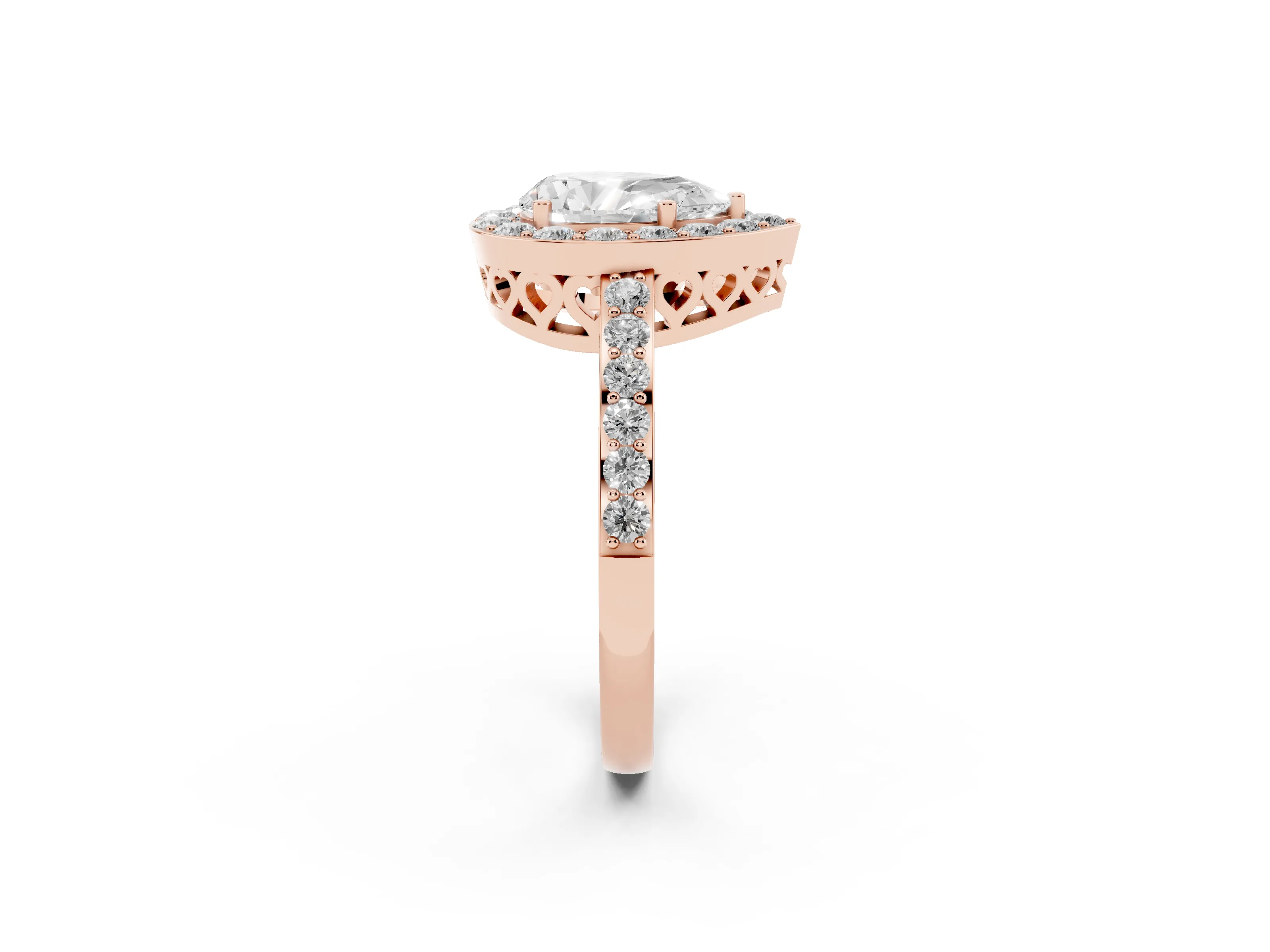 Pear Cut Diamond Halo Ring Set in Rose gold with Pavé-Setting Band and Open Prong Center