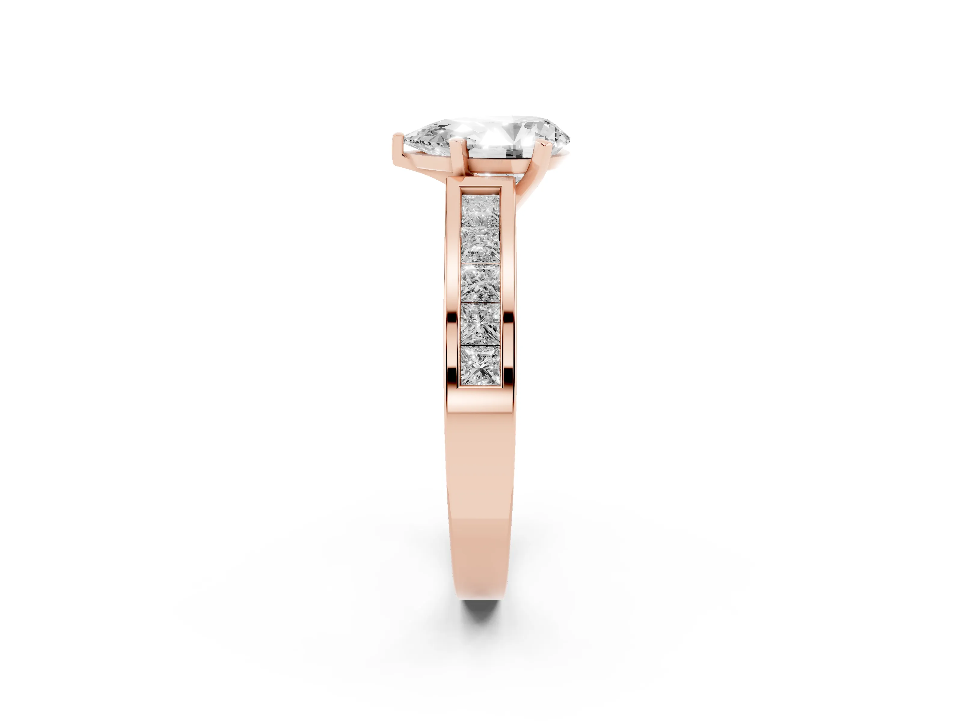 Pear Cut Diamond Solitaire Ring Set in Rose gold with Channel-Set Band and Prong Setting