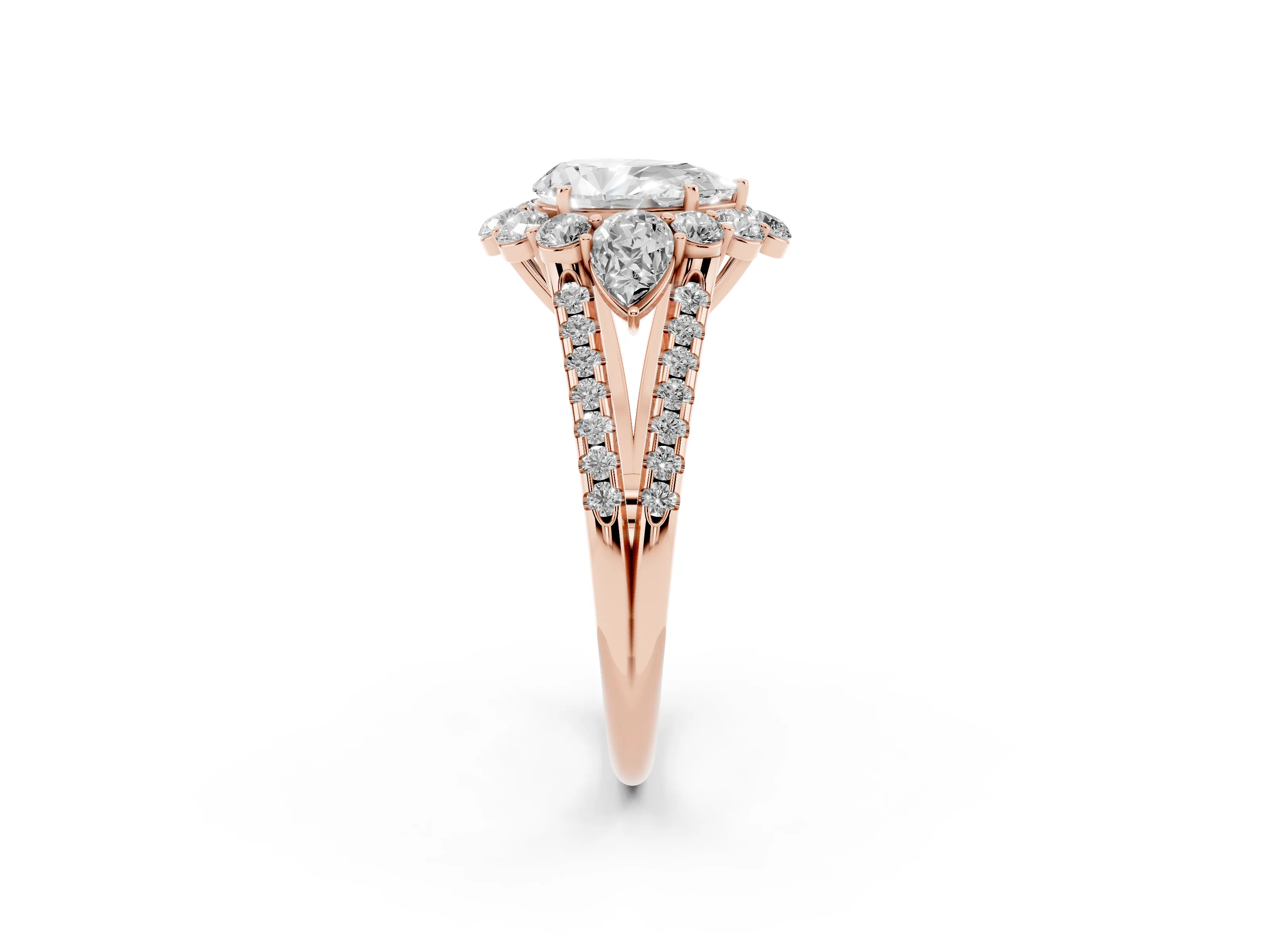 Pear Cut Diamond Halo Split Shank Engagement Ring Set in Rose gold with Prong-Held Center Stone