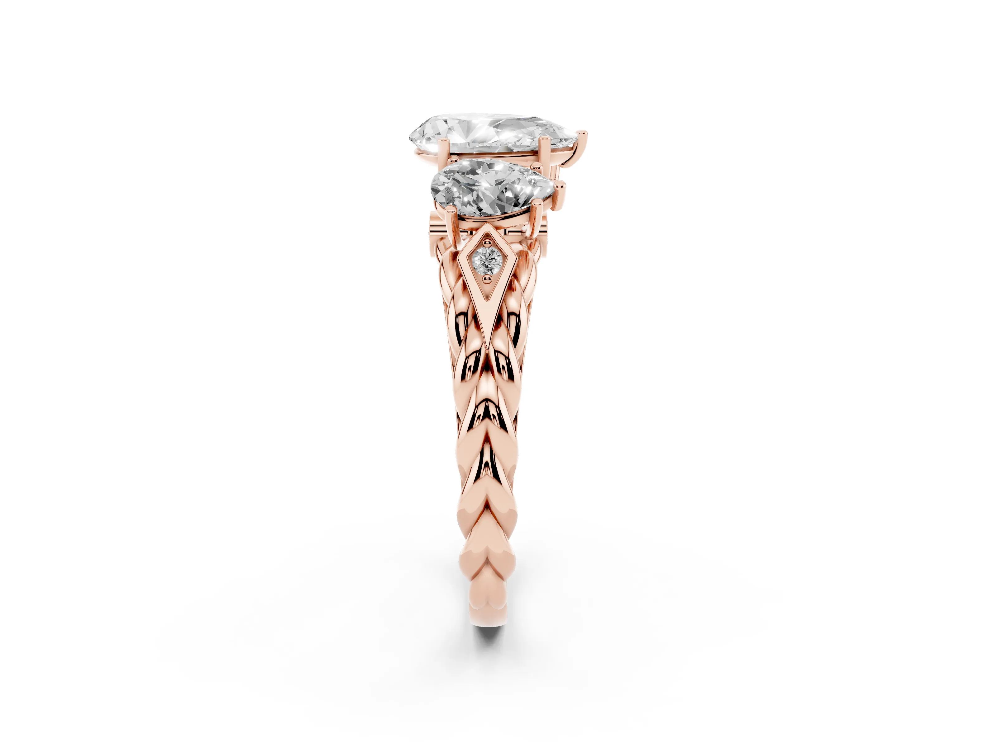 Pear Cut Diamond Three-Stone Ring Set in Rose gold with Braided Band