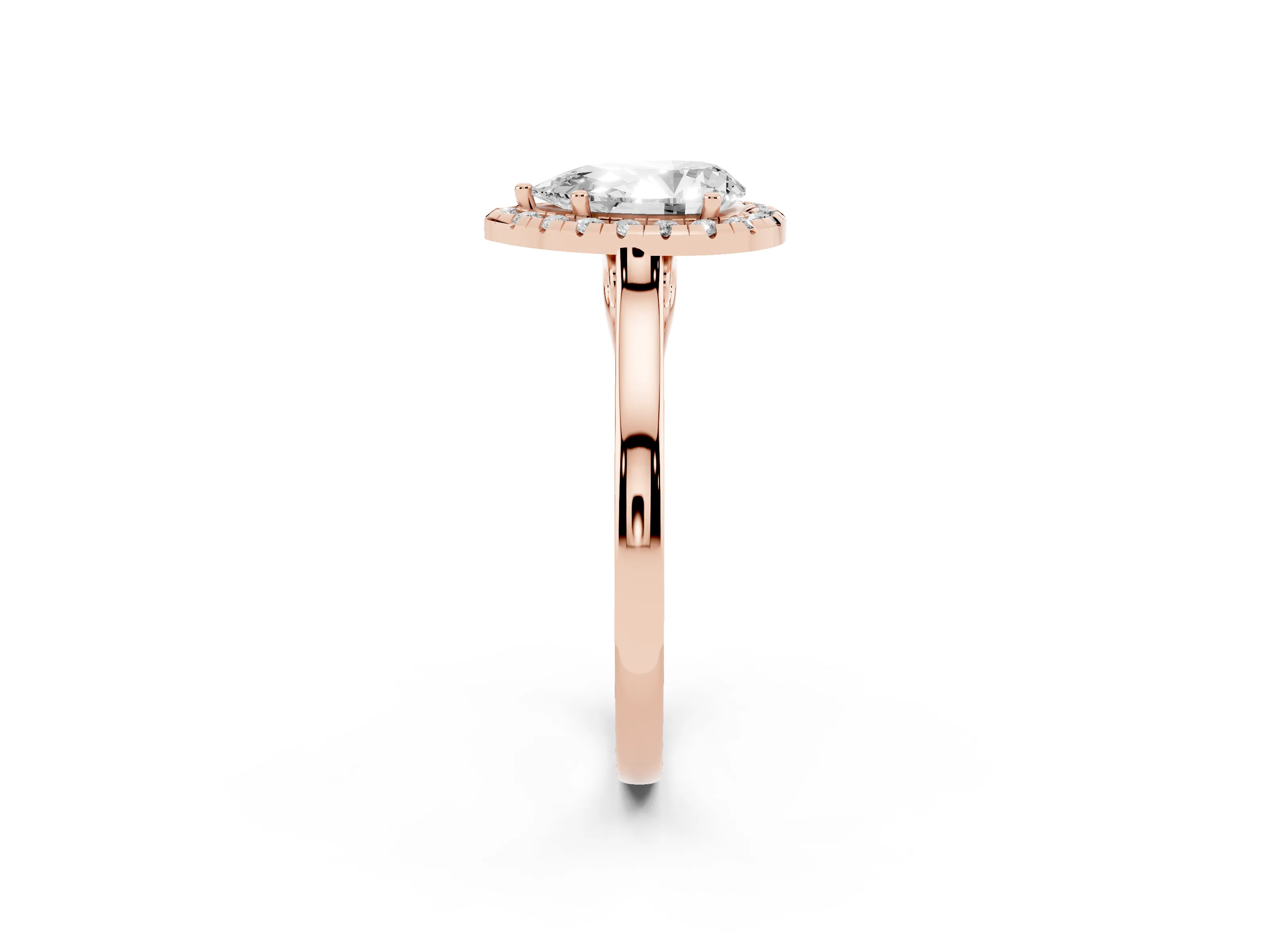 Pear Cut Halo Round Diamond Solitaire Ring Set in Rose gold with Pavé Band and Prong Setting