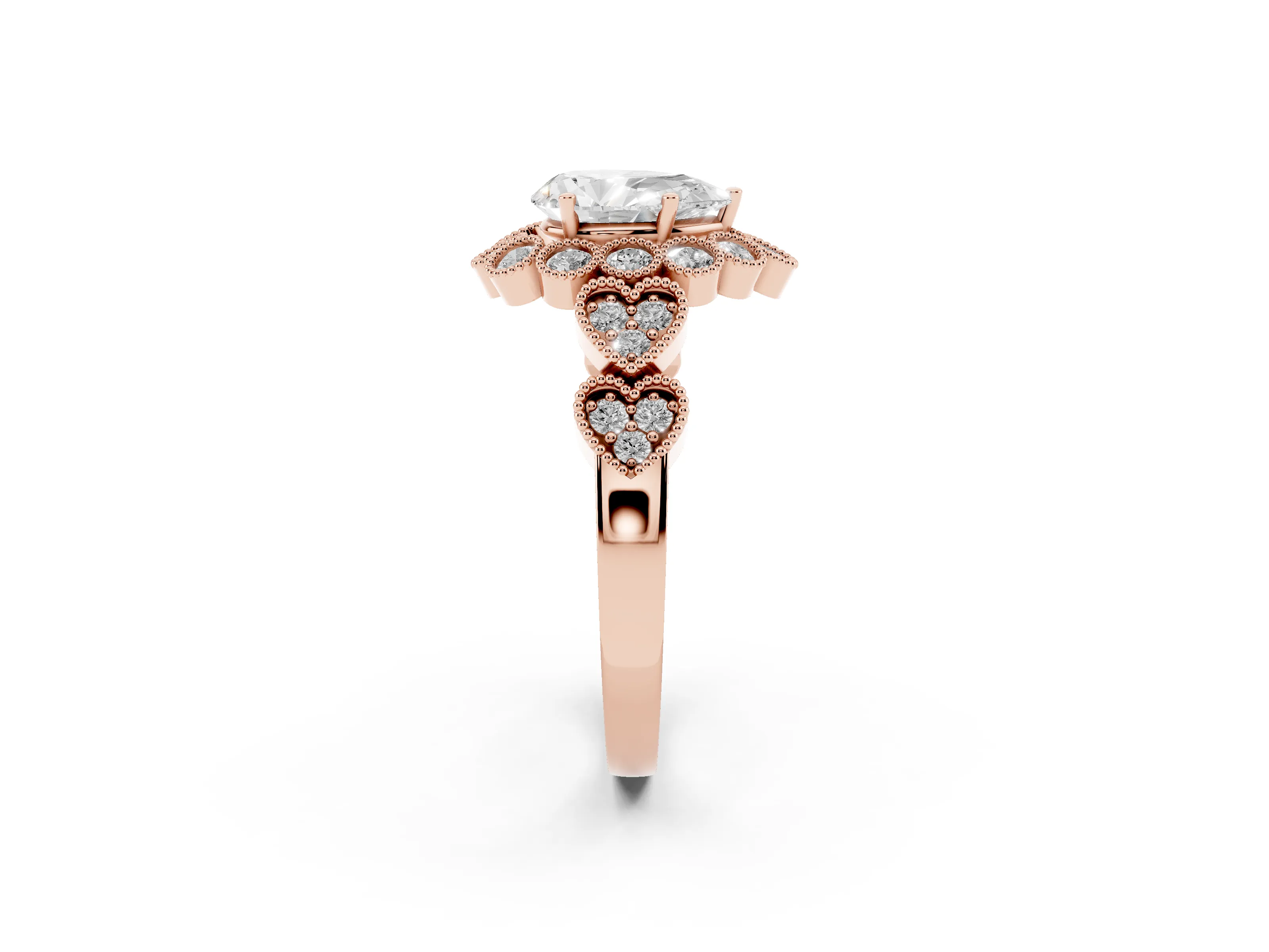 Pear Cut Diamond Solitaire Ring Set in Rose gold with Milgrain Pavé Heart Band