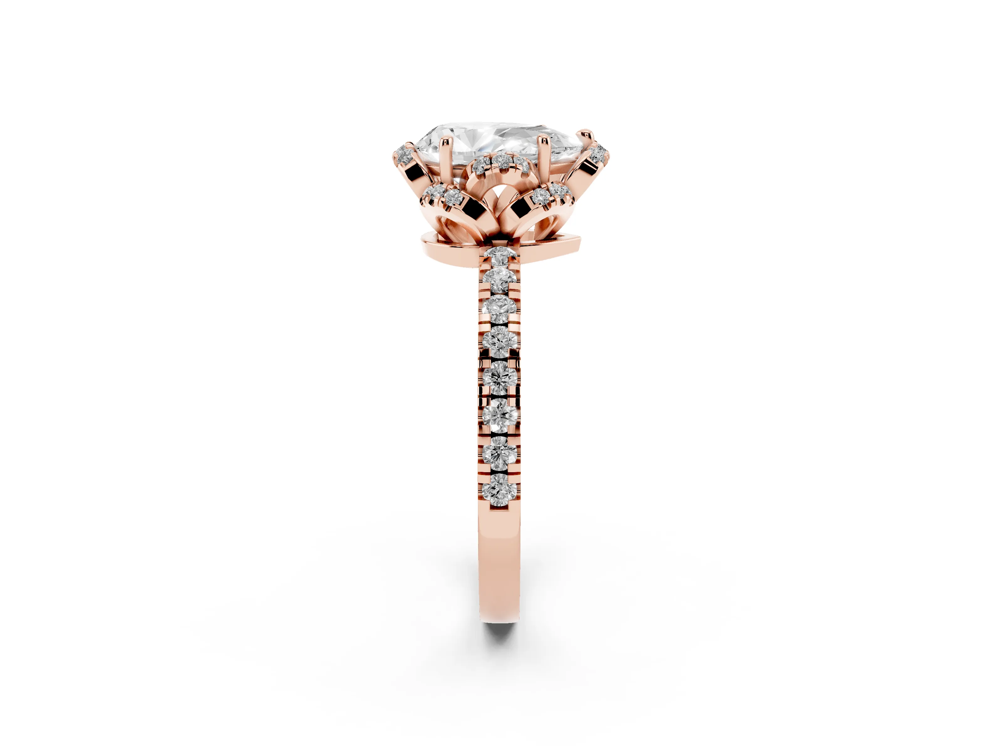 Pear Cut Diamond Halo Pavé Band Ring Set in Rose gold with Prong-Held Center