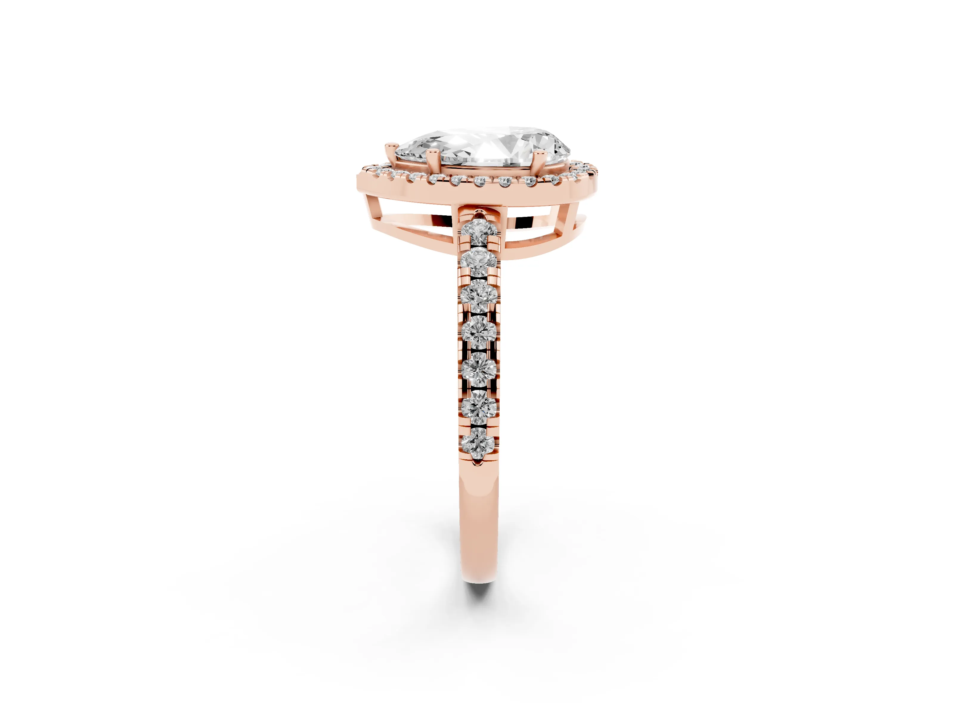 Pear Cut Diamond Halo Ring Set in Rose gold with Delicate Pavé Band and Prong Setting