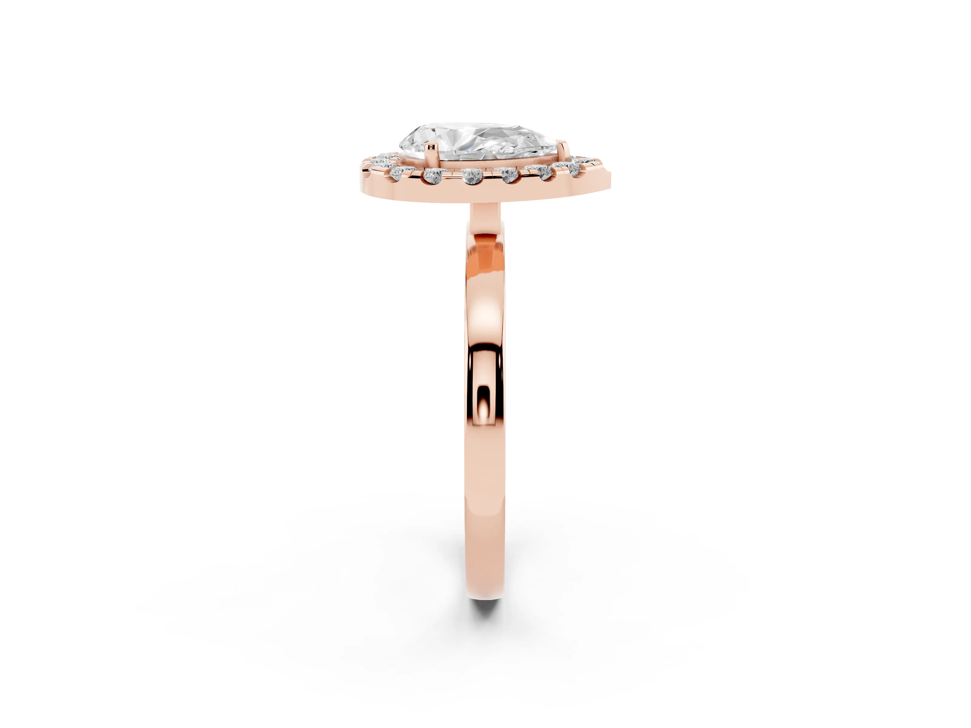 Pear Cut Diamond Halo Solitaire Ring Set in Rose gold with Pavé Band and Prong Setting