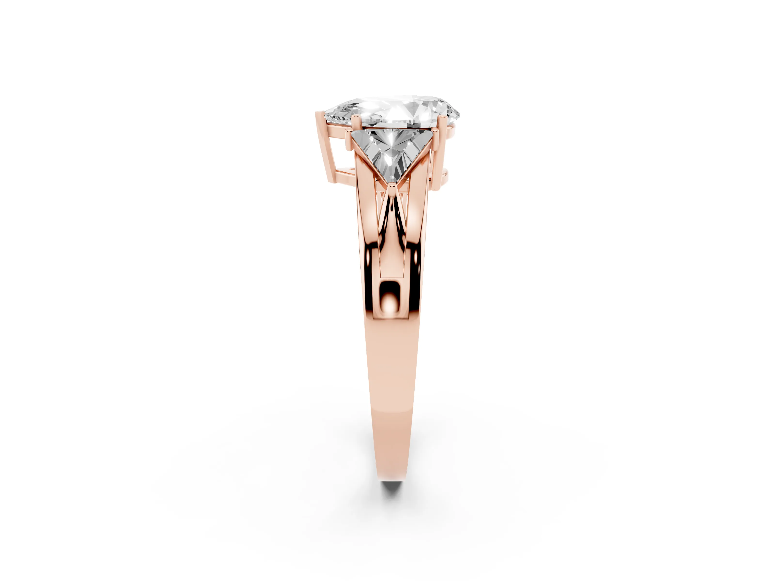 Pear Cut Diamond Three-Stone Ring Set in Rose gold with Trillion Side Stones and Split Shank