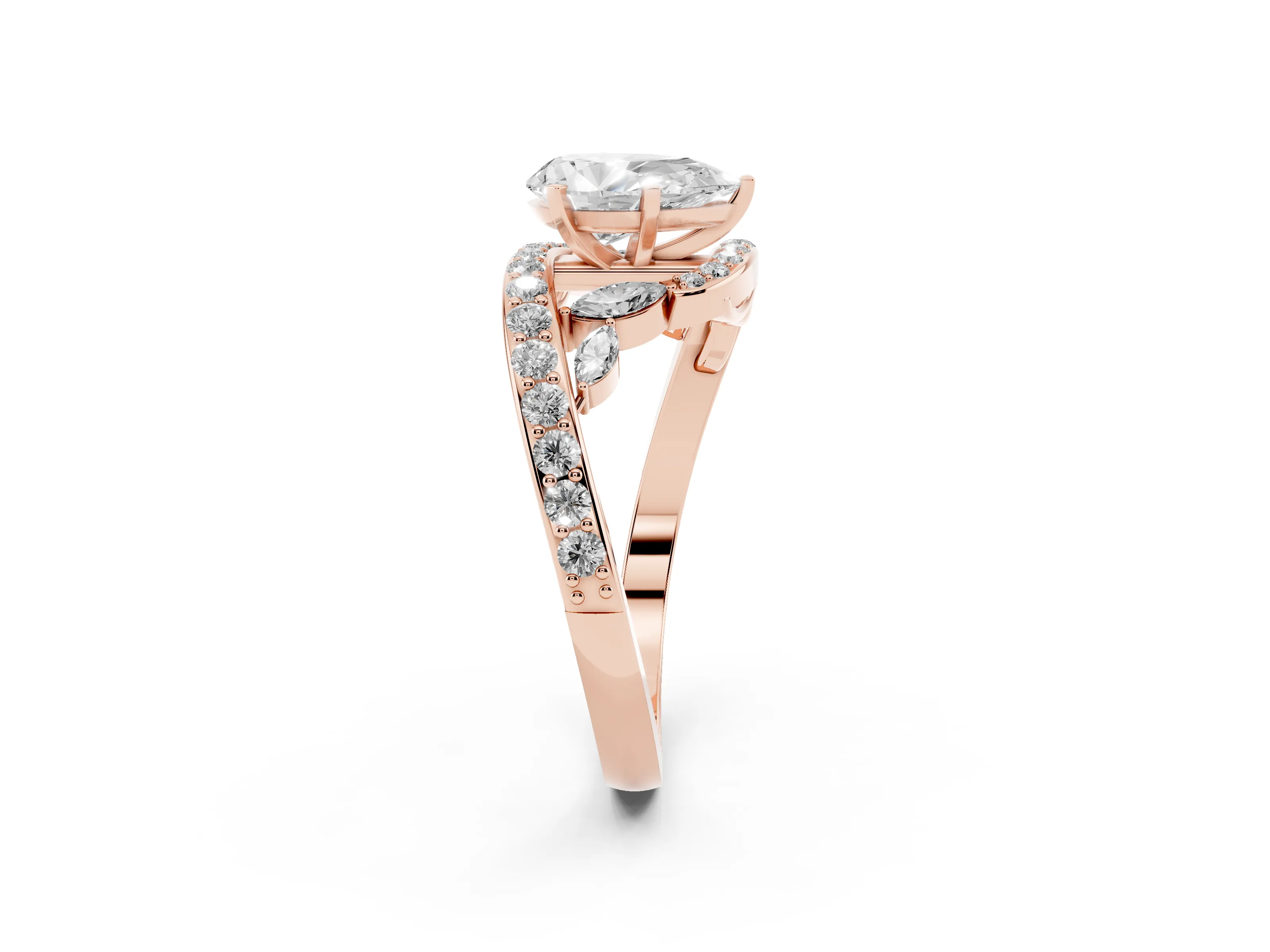 Pear Cut Diamond Solitaire Ring Set in Rose gold with Pavé Twist Band and Secure Prong Setting