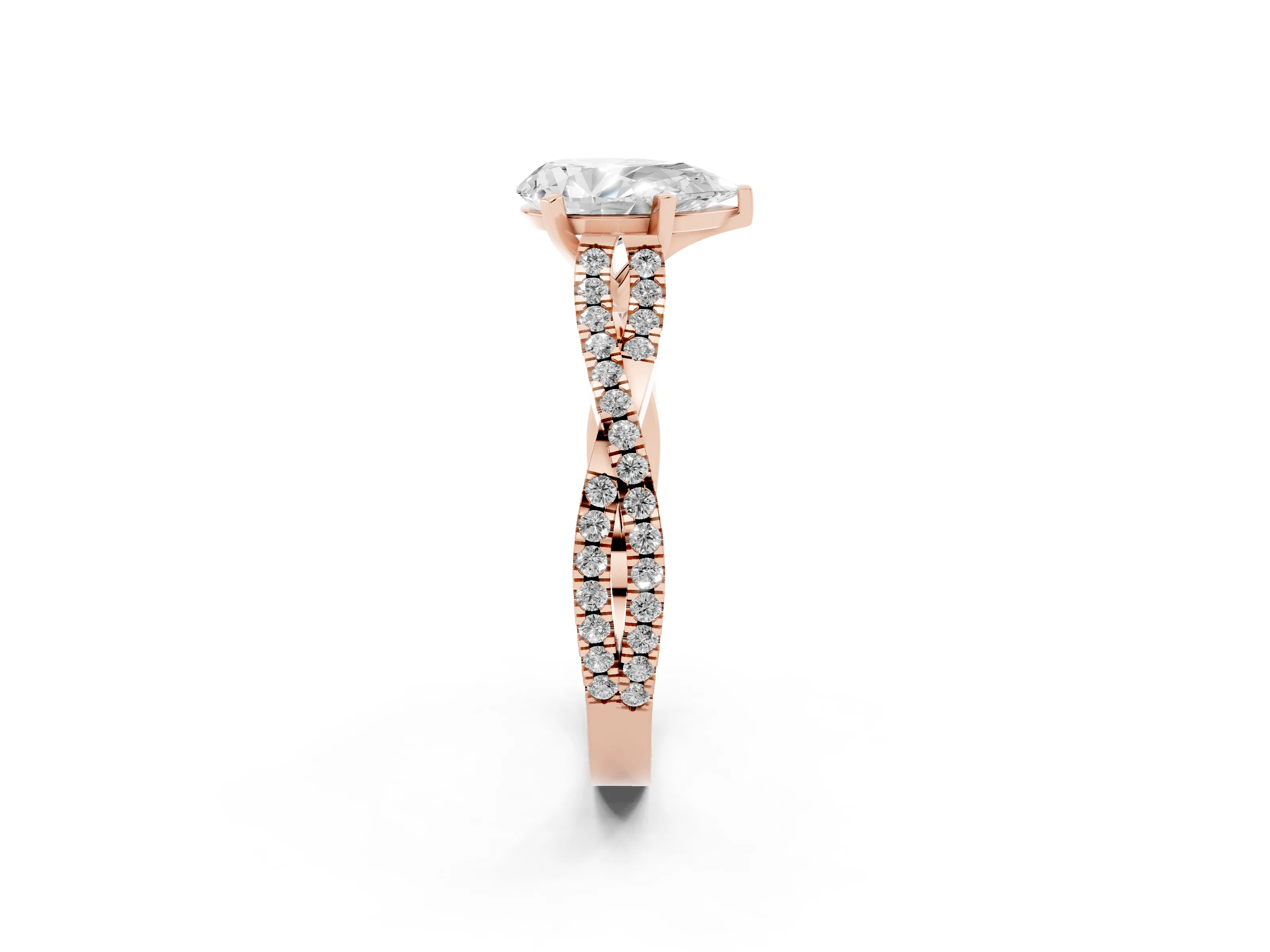 Pear Cut Diamond Solitaire Engagement Ring Set in Rose gold with Twisted Pavé Band and Prong Setting
