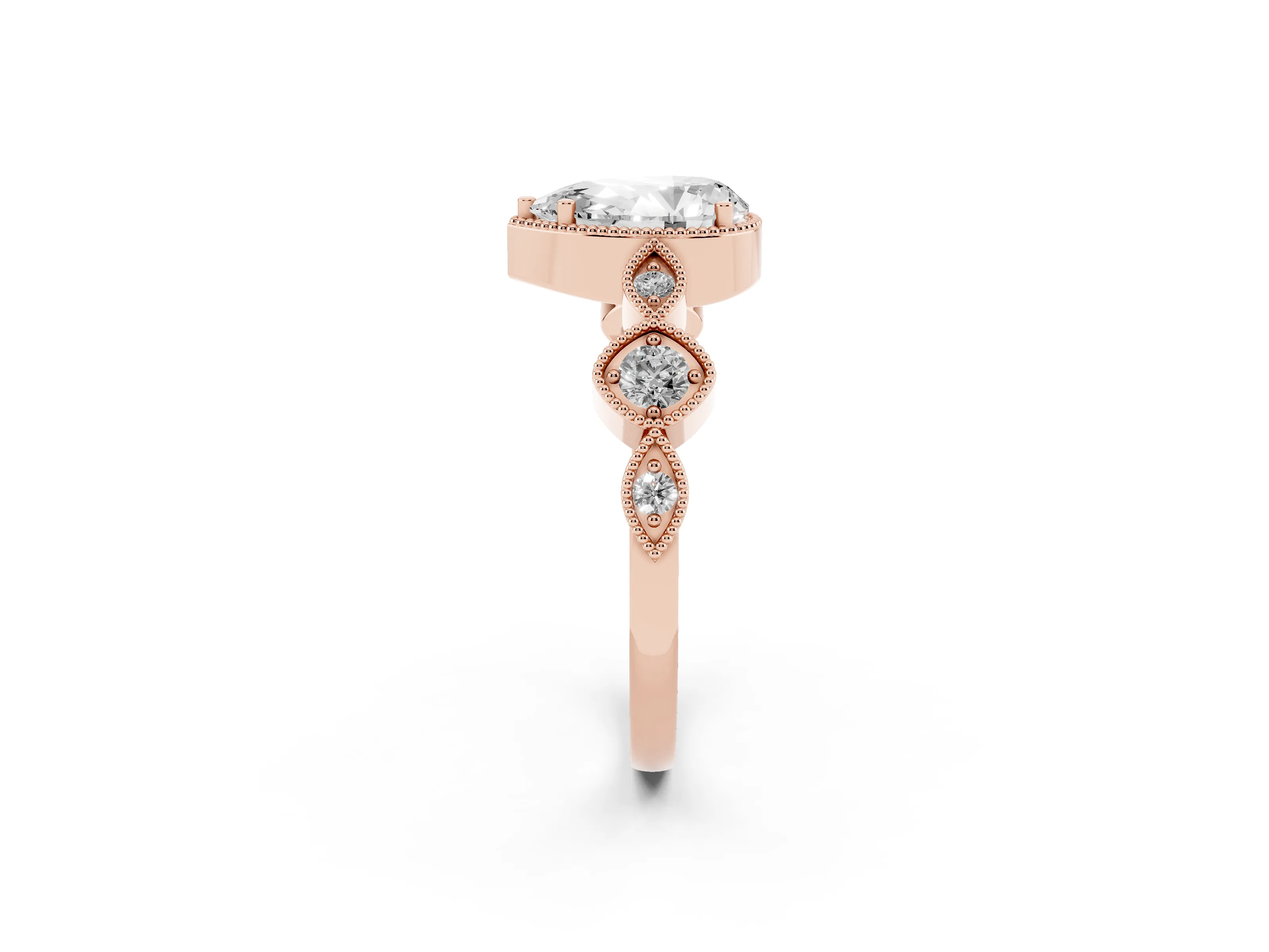 Pear Cut Diamond Vintage-Inspired Milgrain Ring Set in Rose gold with Marquise Stations of Round Accents